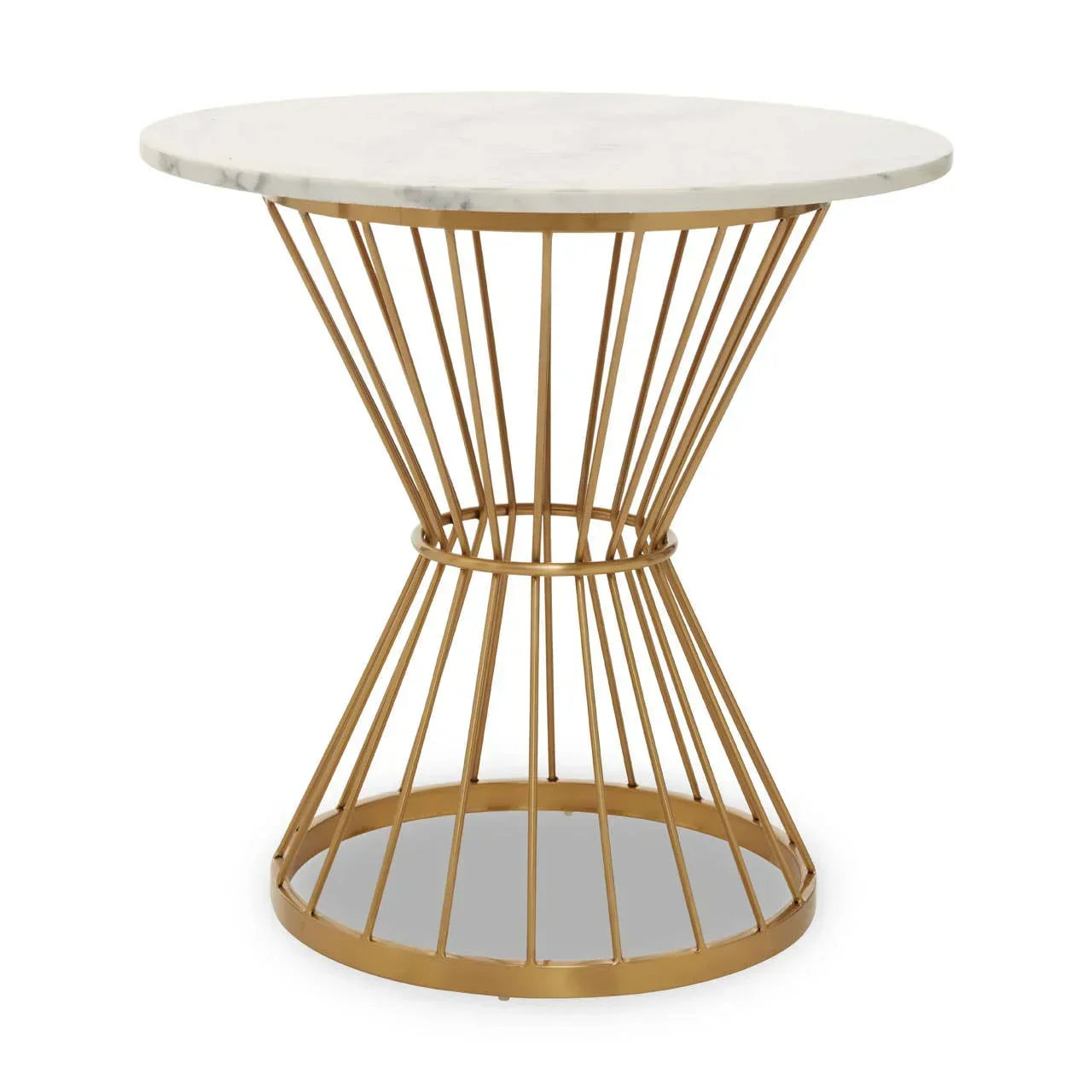 Round marble top accent table with gold metal frame and open base design