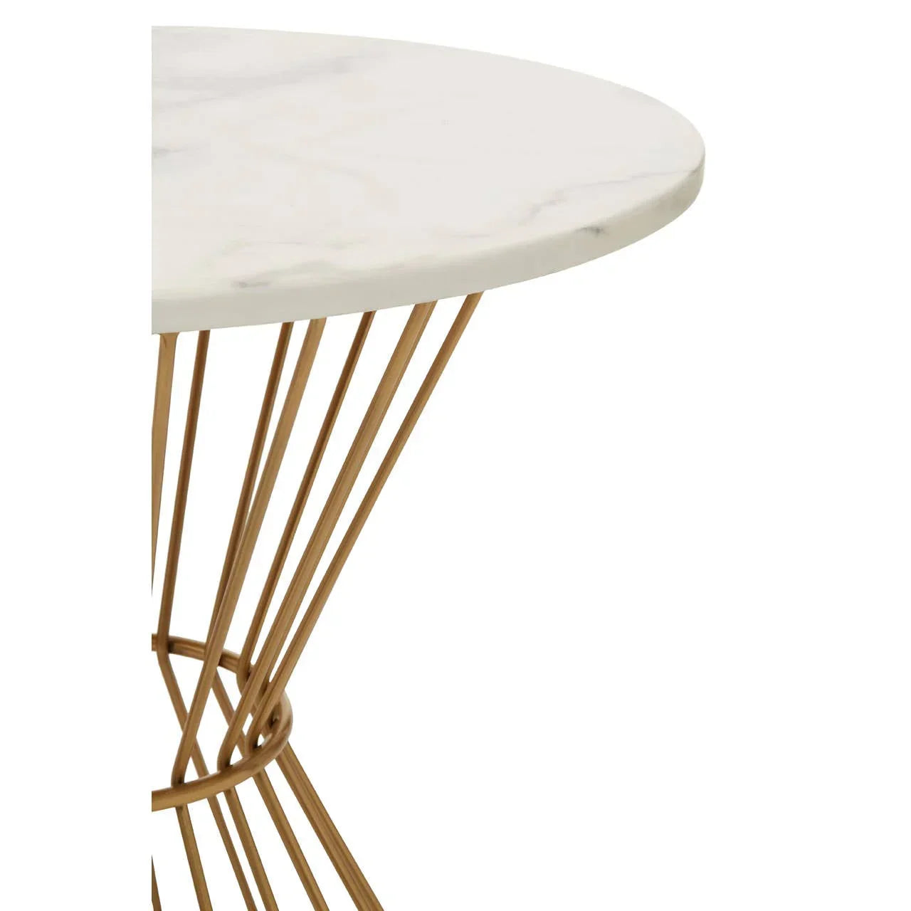 Round marble dining table with gold metal base, close view of edge and frame details