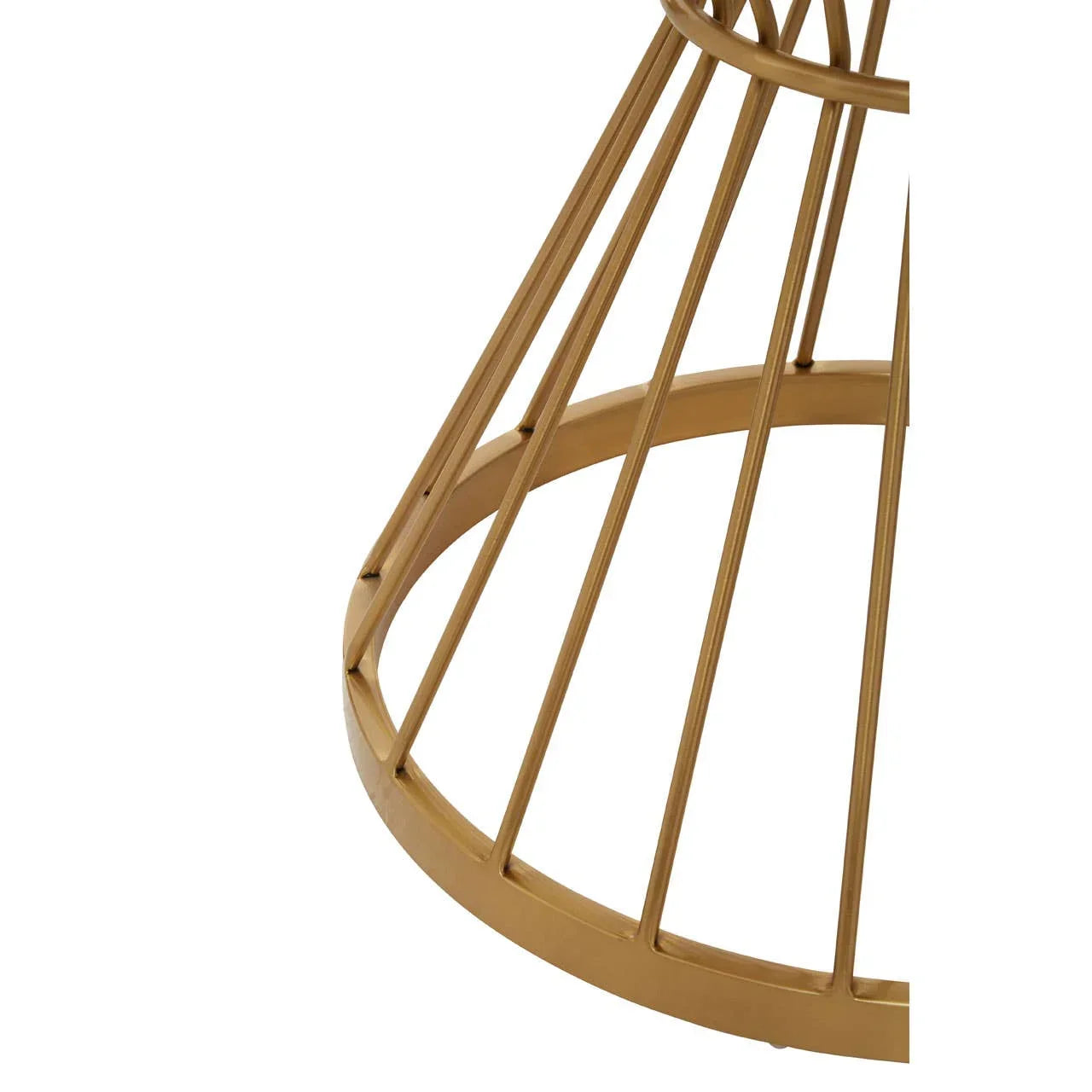 Closeup of gold metal table base with open geometric design