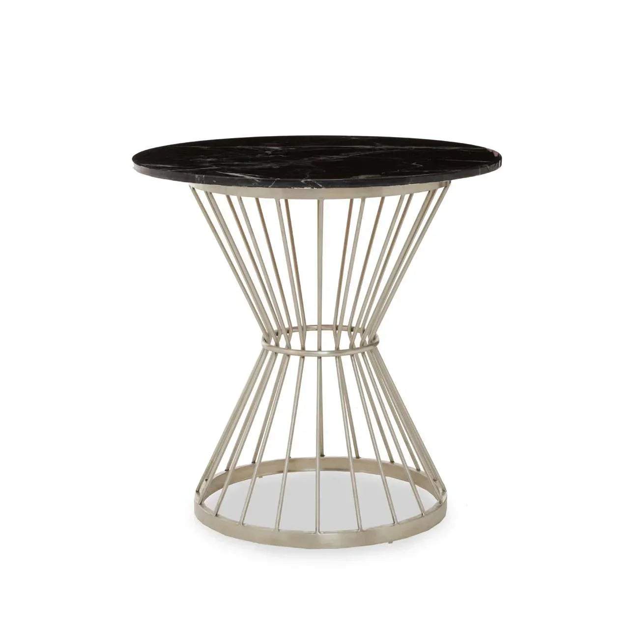 Round side table with black marble top and silver metal wire base