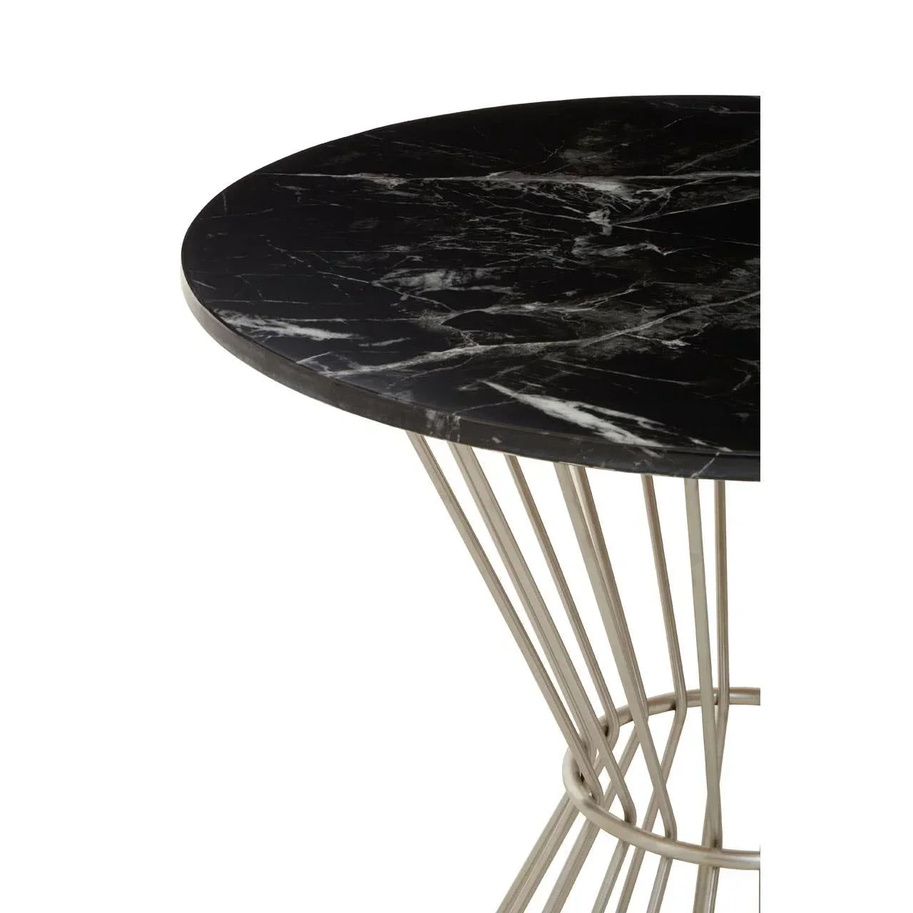 Round black marble dining table with metal wire base, partial top view