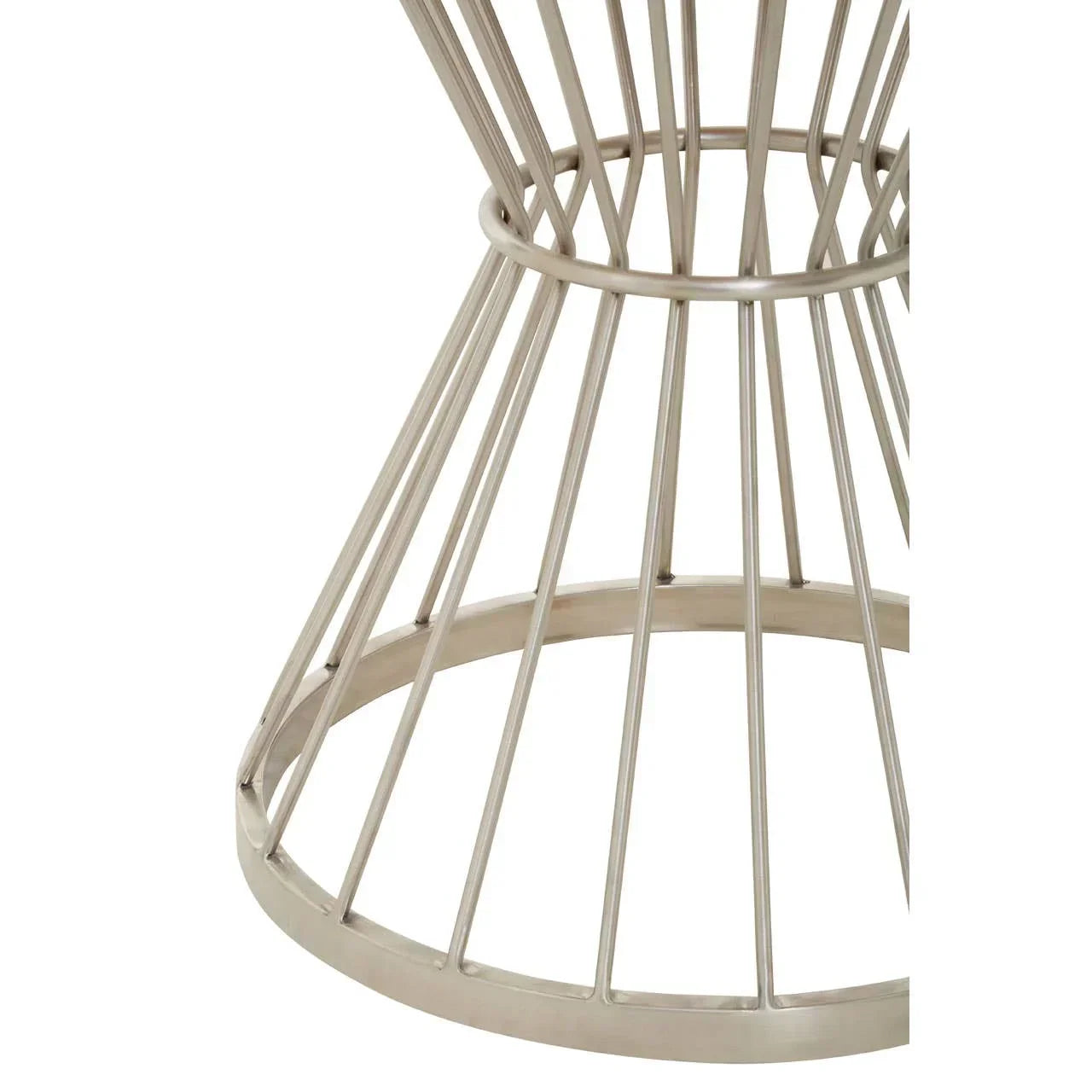 Brushed metal table base with open wire design in a circular pattern