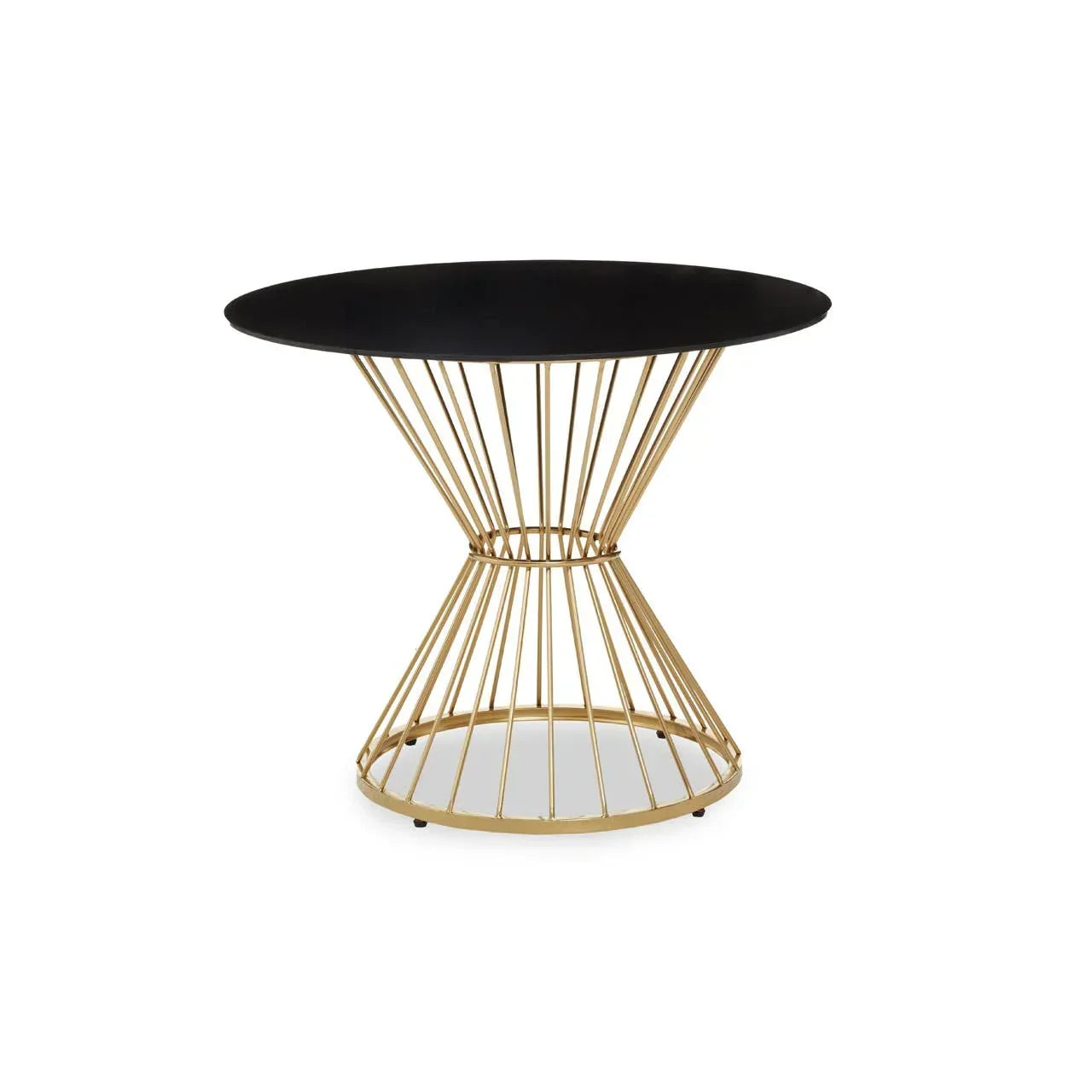 round side table with black top and gold wire metal base on white background