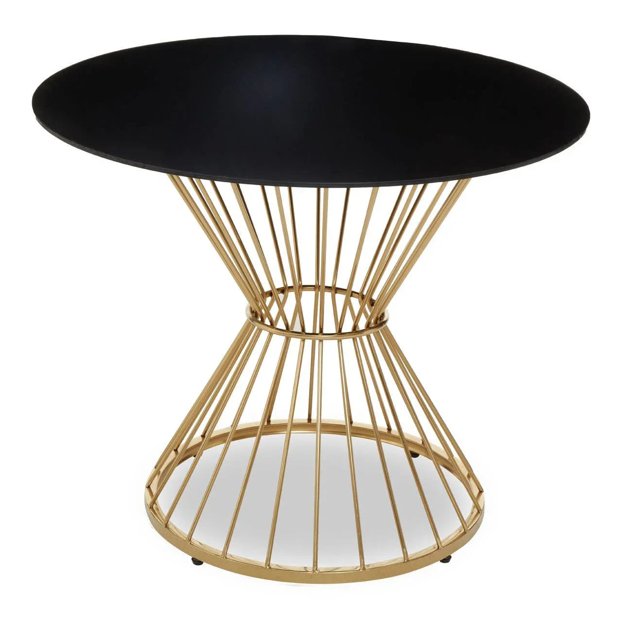 Round side table with black top and gold wire frame base, modern accent furniture