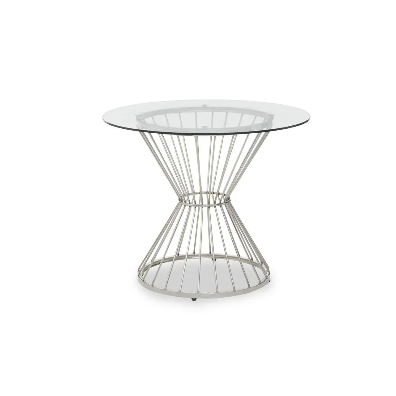 Round glass dining table with silver metal wire base, modern minimalist design