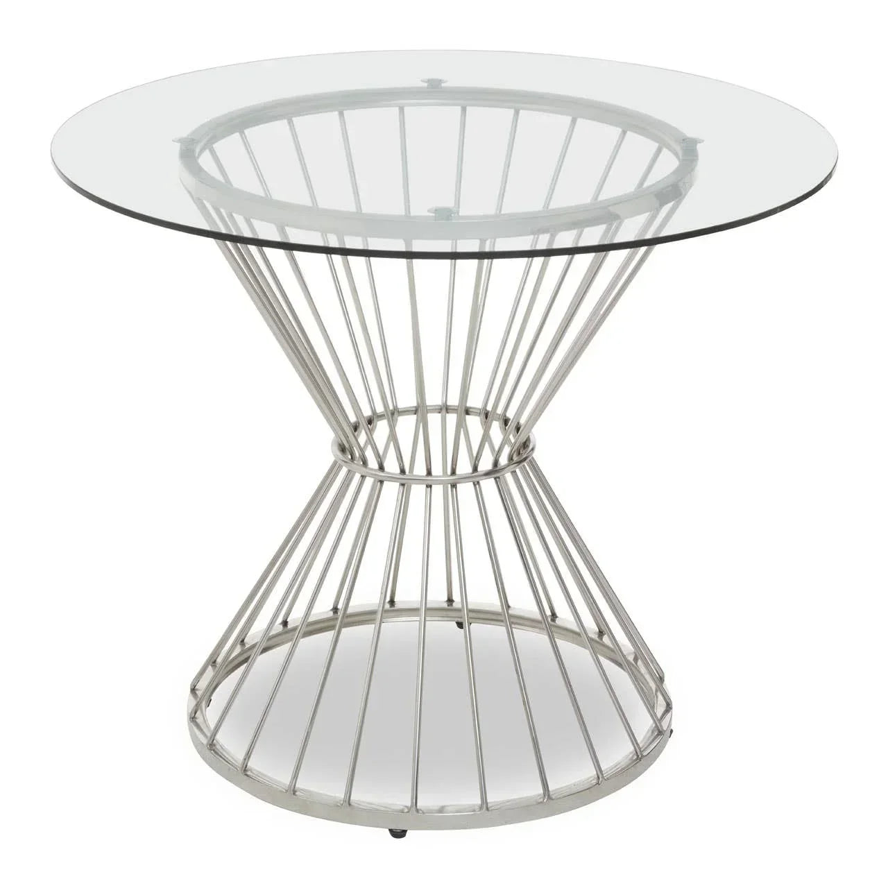 Round glass dining table with silver metal wire base, modern design