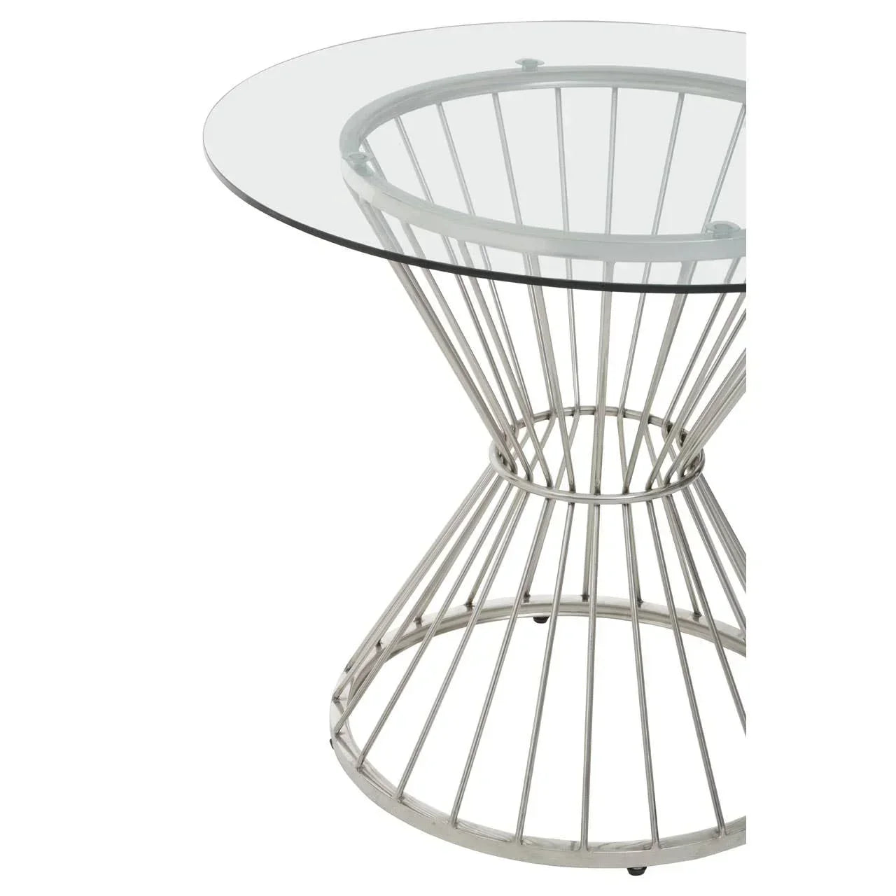 Round glass dining table with chrome wire base, modern geometric design