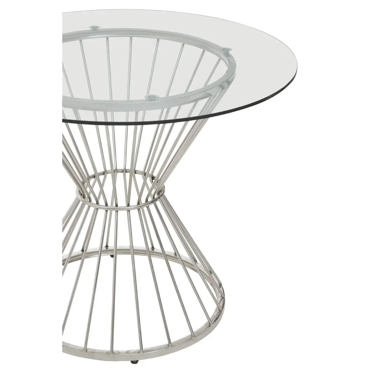 Round glass dining table with metal wire base in silver finish