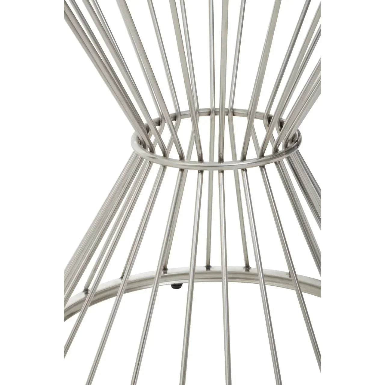 Close view of stainless steel table base with circular frame and vertical rods