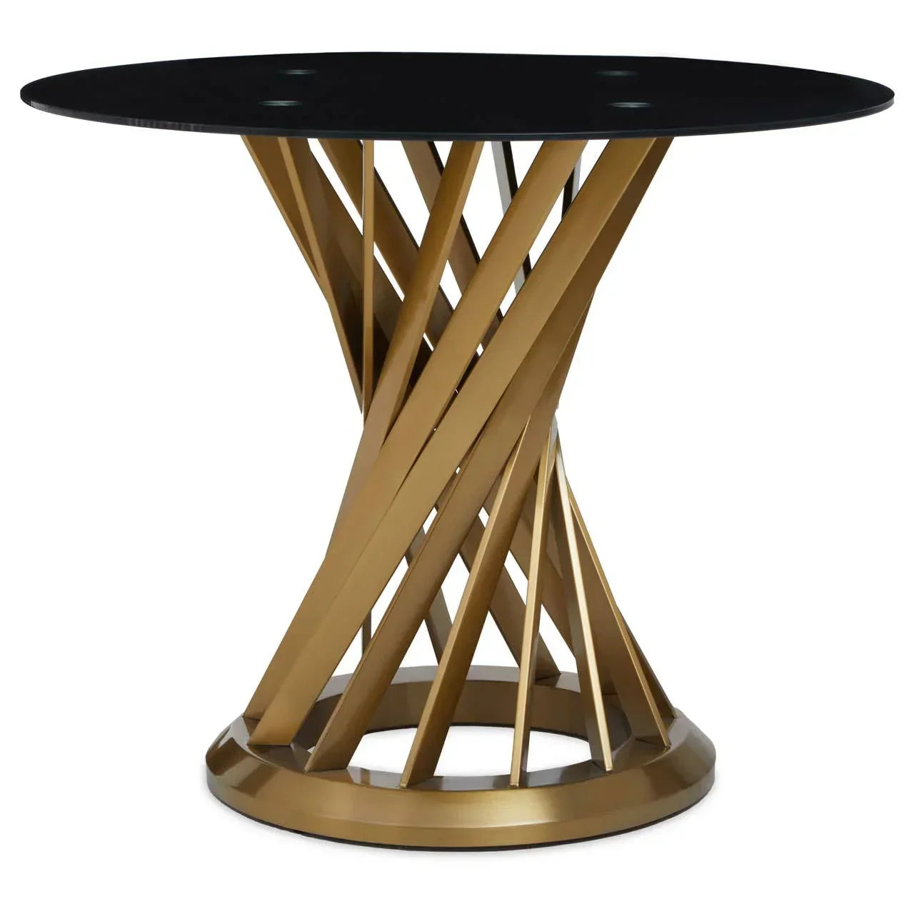 Round dining table with black glass top and gold metal twist base