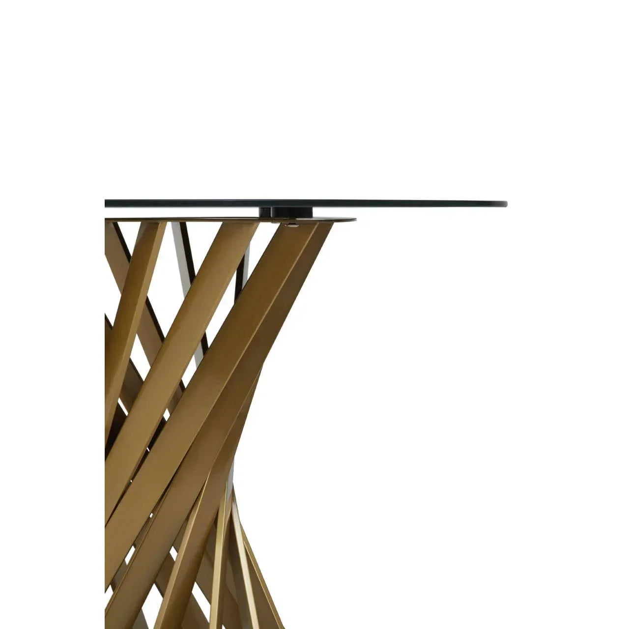 Glass dining table with gold crossed metal legs, side view against white background