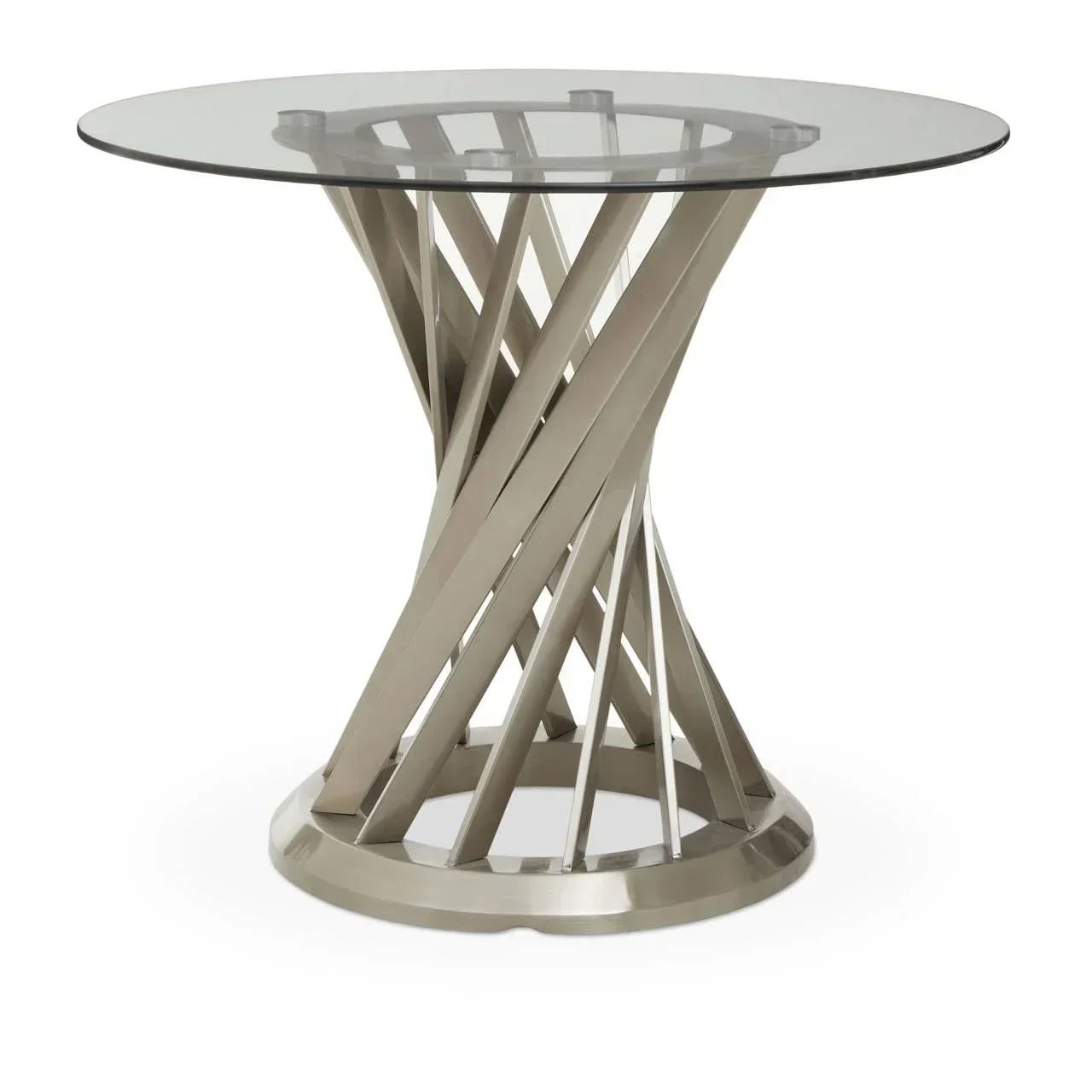 Round glass dining table with twisted brushed metal base