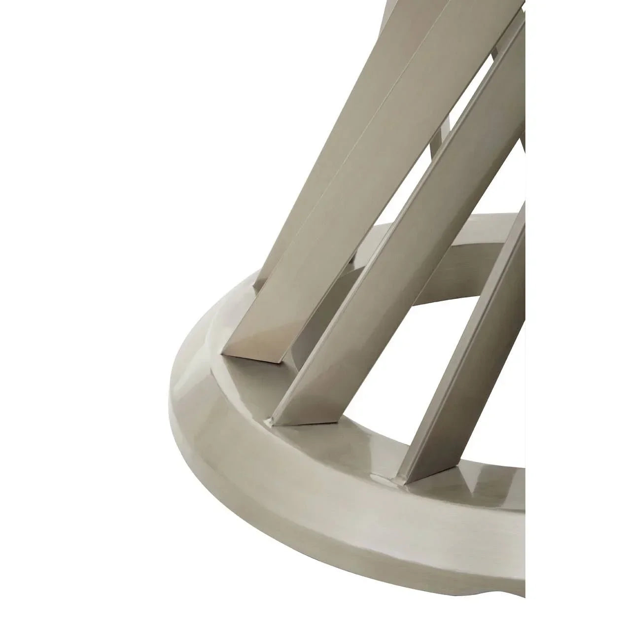 Brushed metal dining table base with angled supports and circular bottom detail