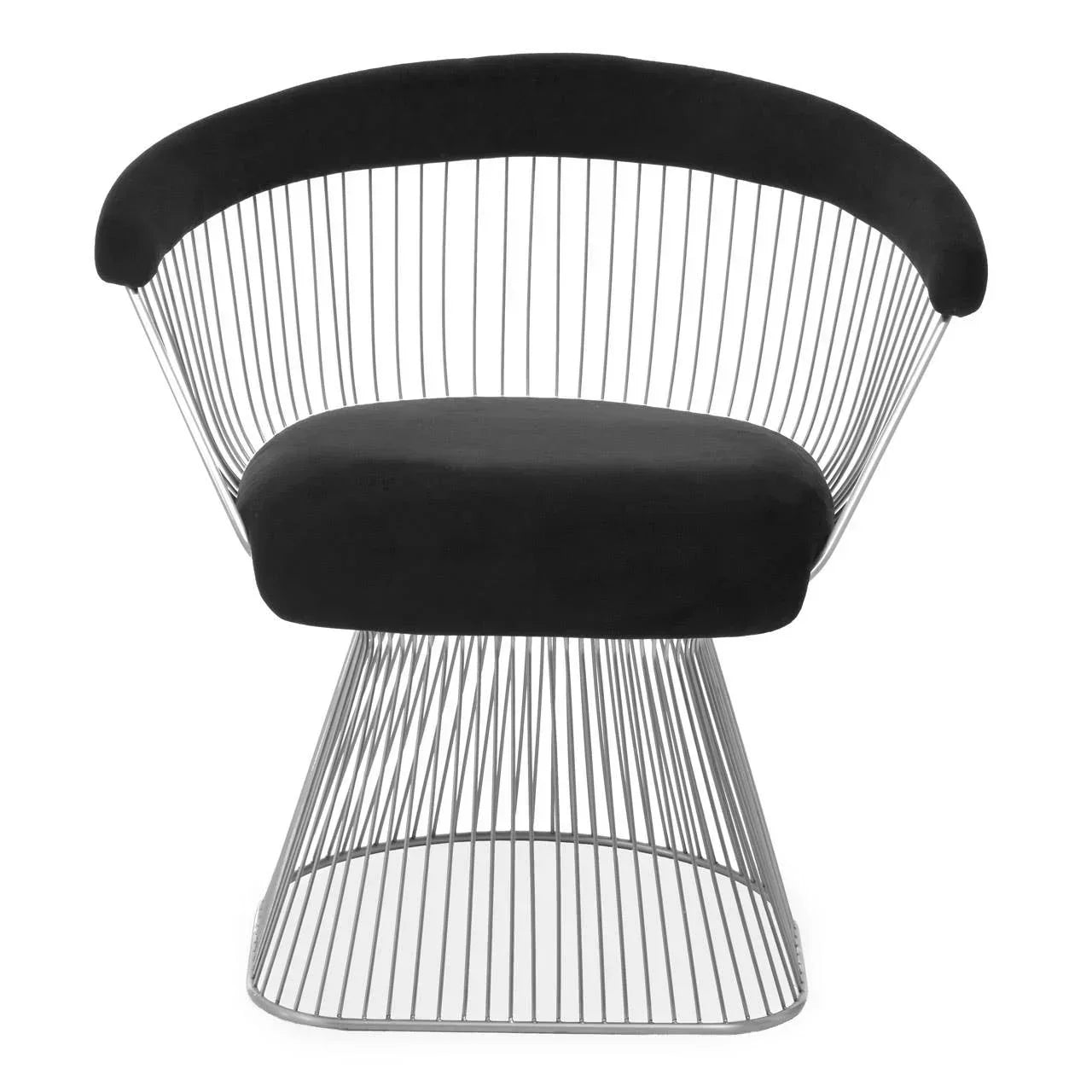 Modern accent chair with black velvet seat and curved wire metal frame, front view