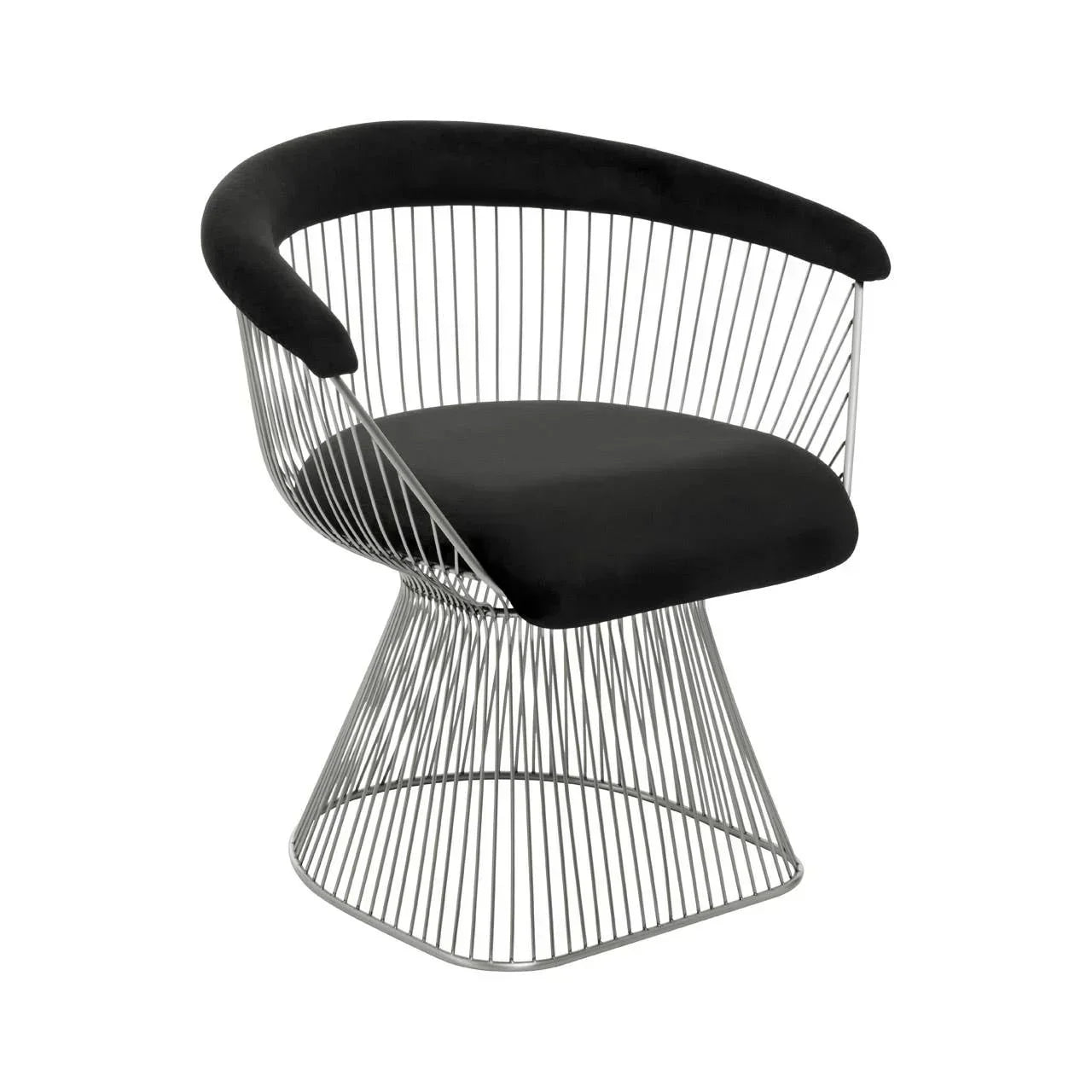 Modern accent chair with black velvet seat and chrome wire frame, angled front view