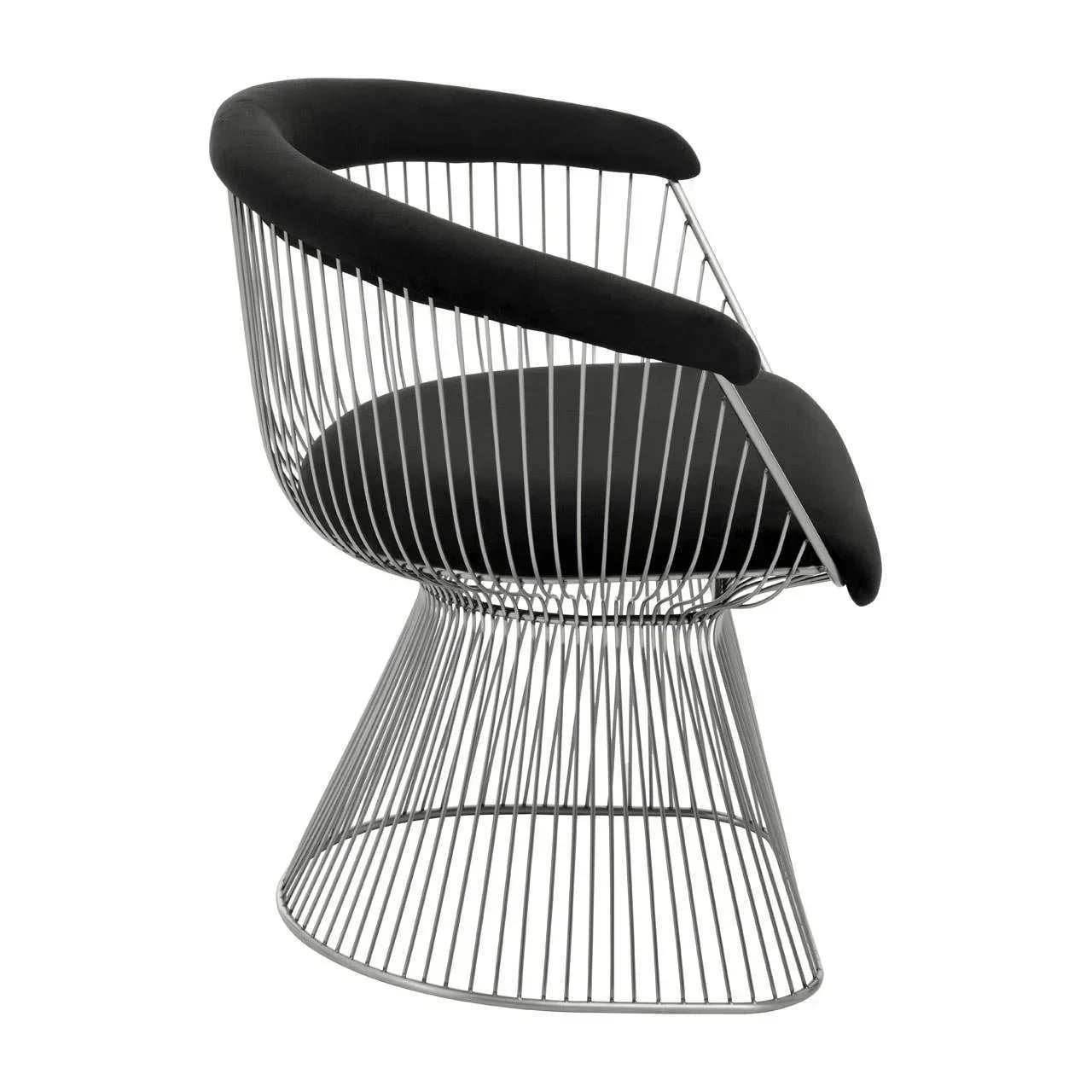 Modern dining chair with black seat and backrest, silver metal wire frame, side view