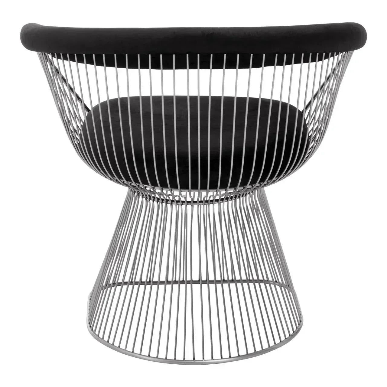 Modern accent chair with metal wire frame and black upholstered seat, rear angle view