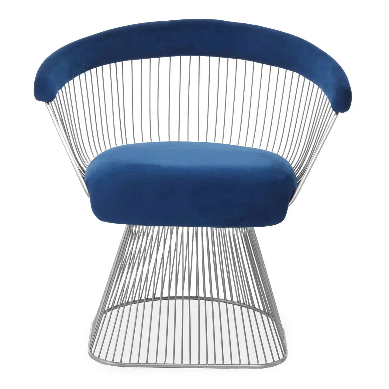 Blue velvet accent chair with chrome wire frame, front view