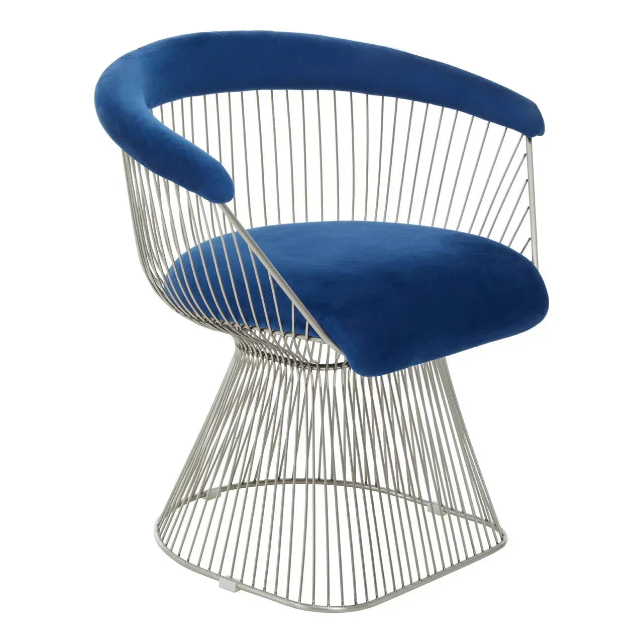 Modern accent chair with blue velvet seat and curved metal wire frame