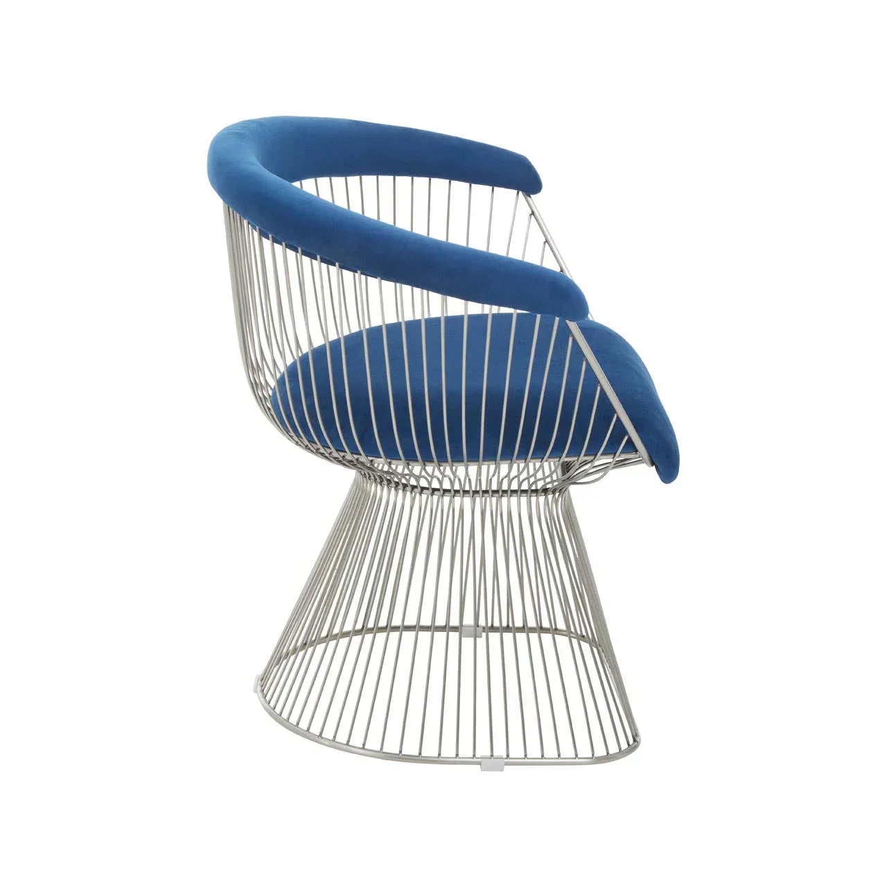 Modern accent chair with silver wire metal frame and blue upholstered seat and back