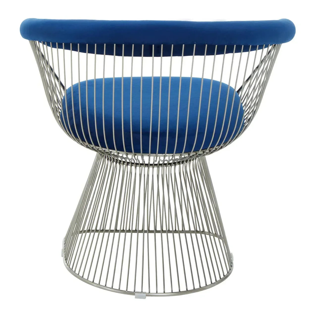 Modern accent chair with silver metal wire frame and blue upholstered seat and backrest