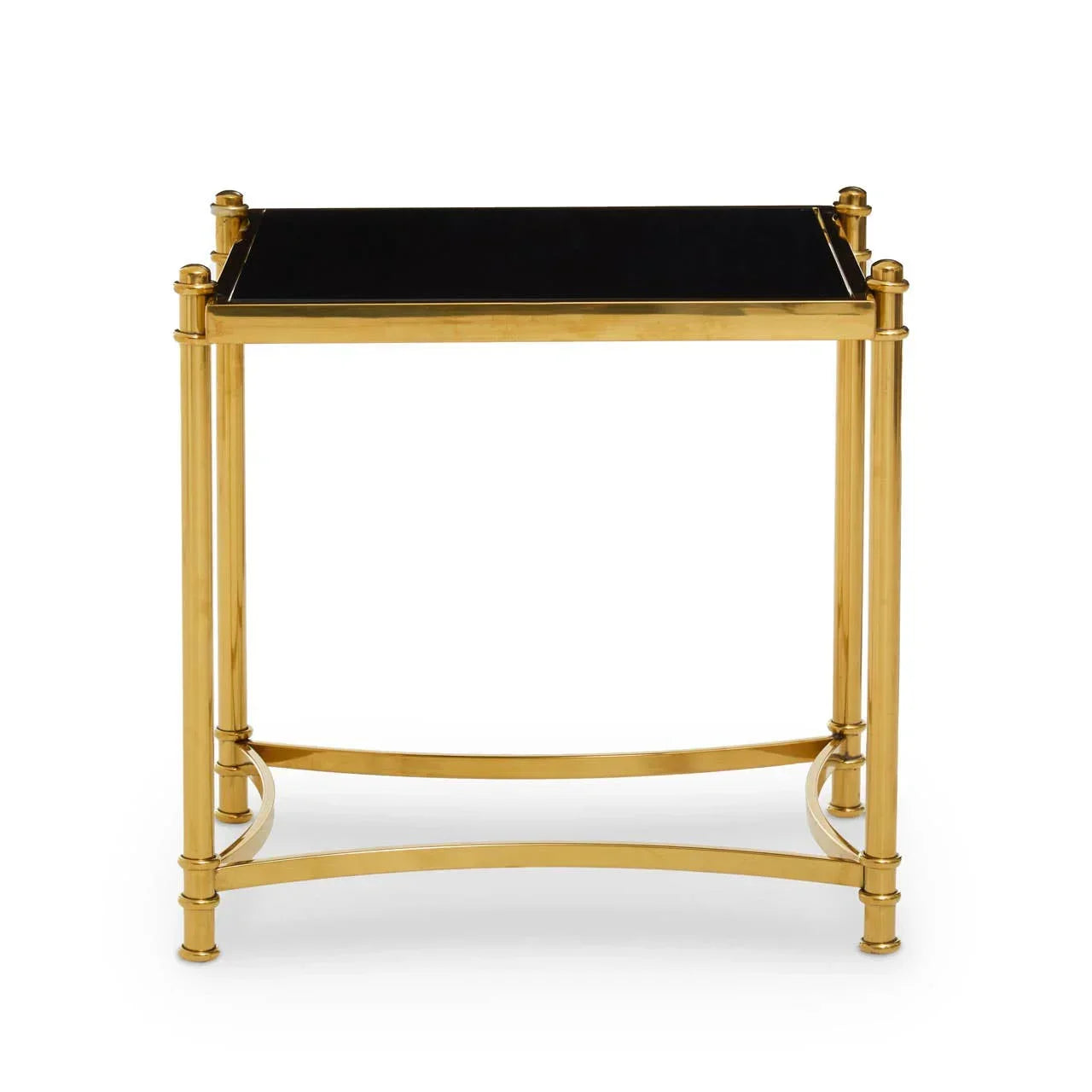 Gold metal side table with black glass top, straight legs and curved stretcher detail