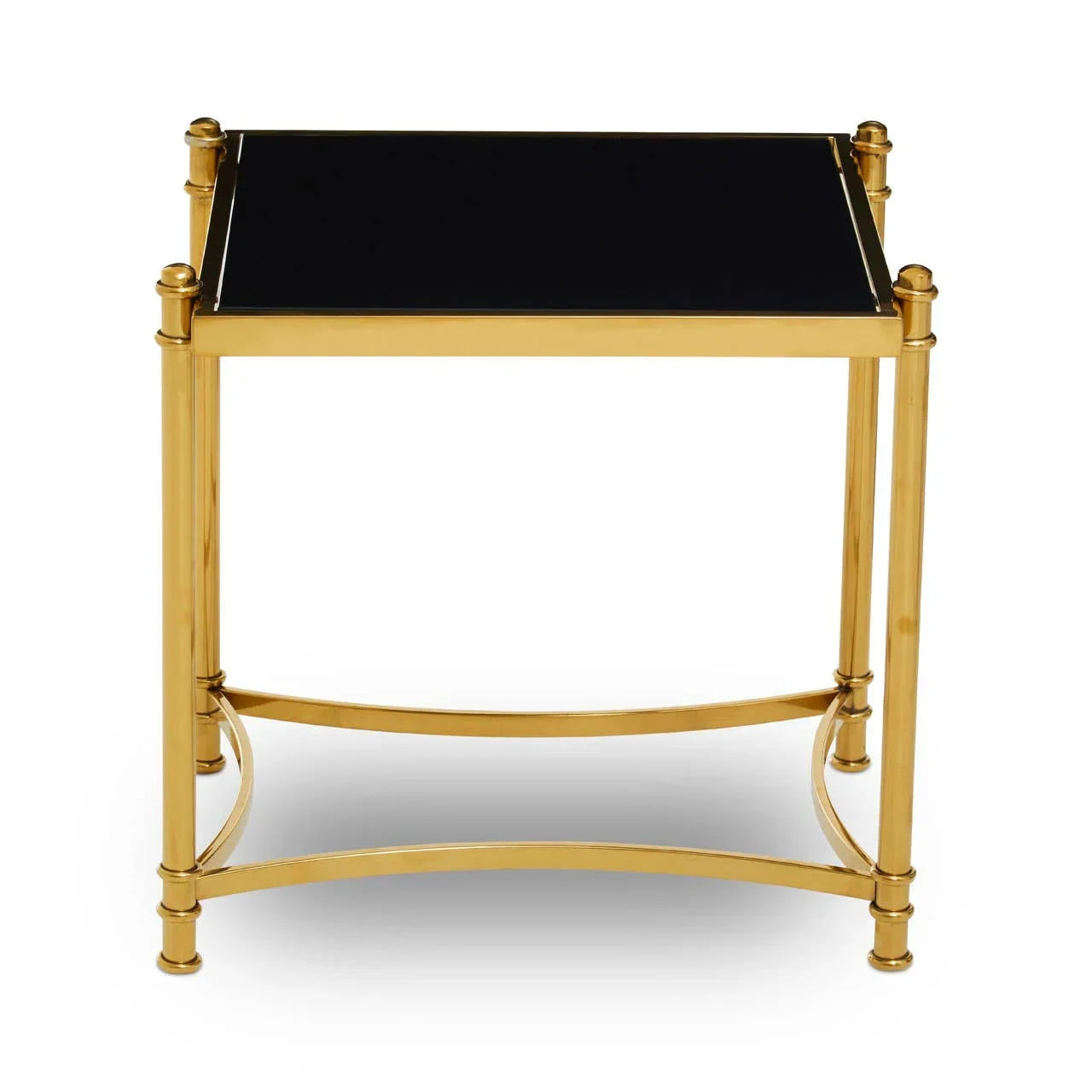 Gold metal side table with black glass top and decorative frame shown from front view