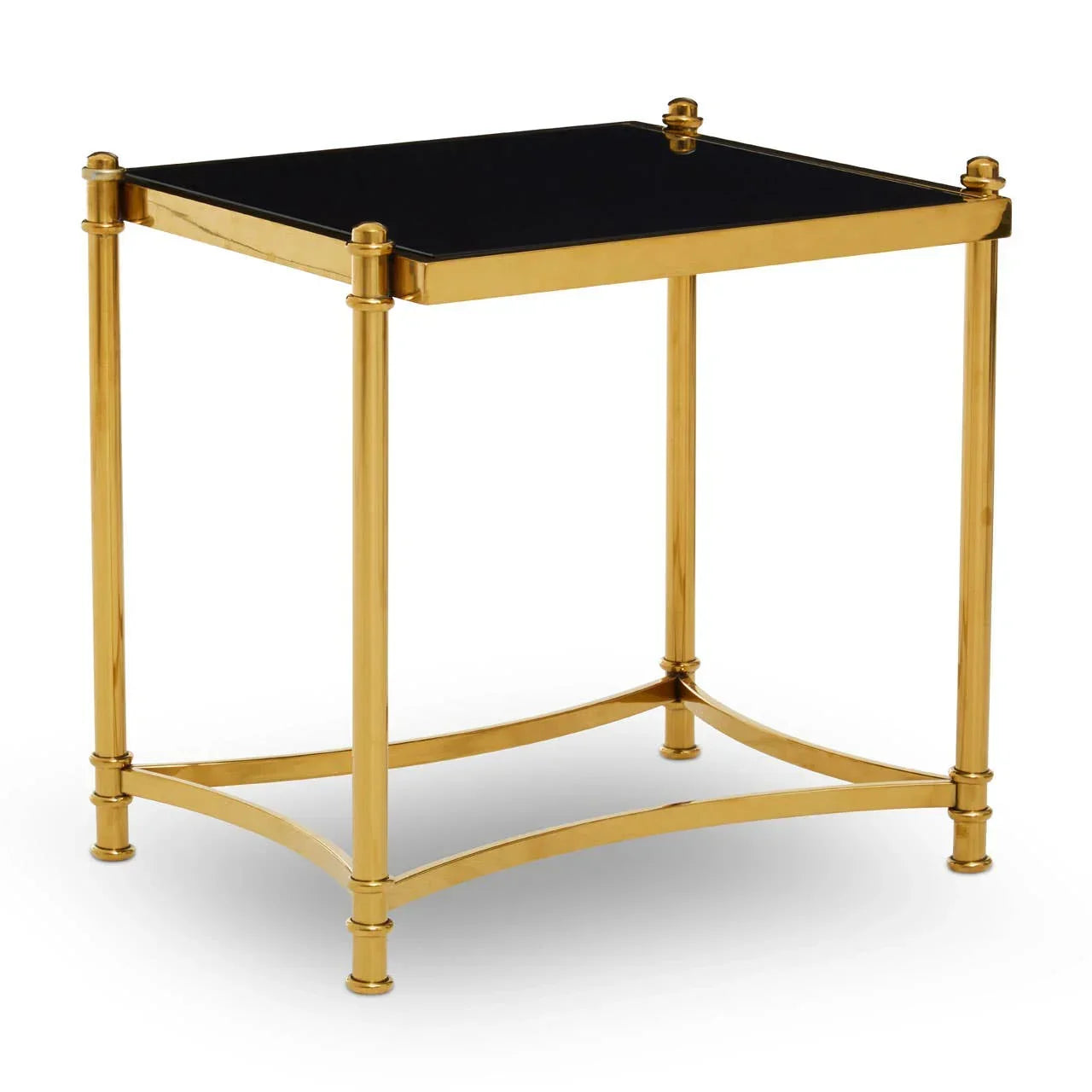 Gold metal side table with black glass top and four legs, angled studio view