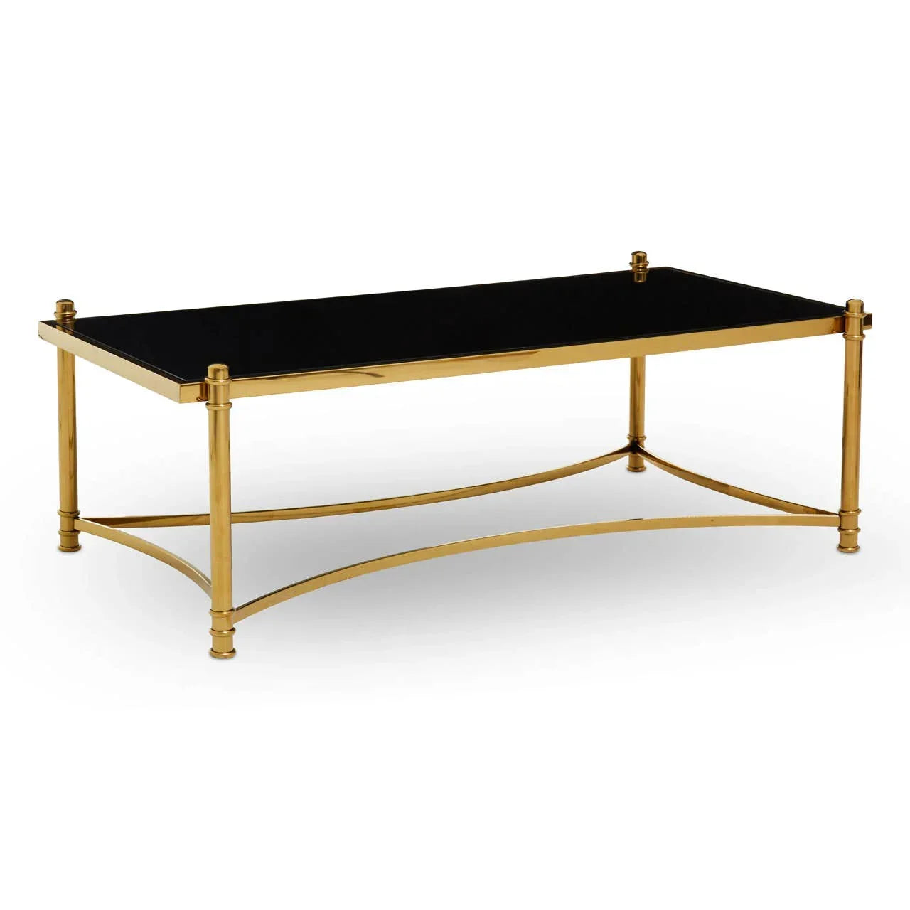 Rectangular coffee table with black glass top and gold metal frame, angled front view