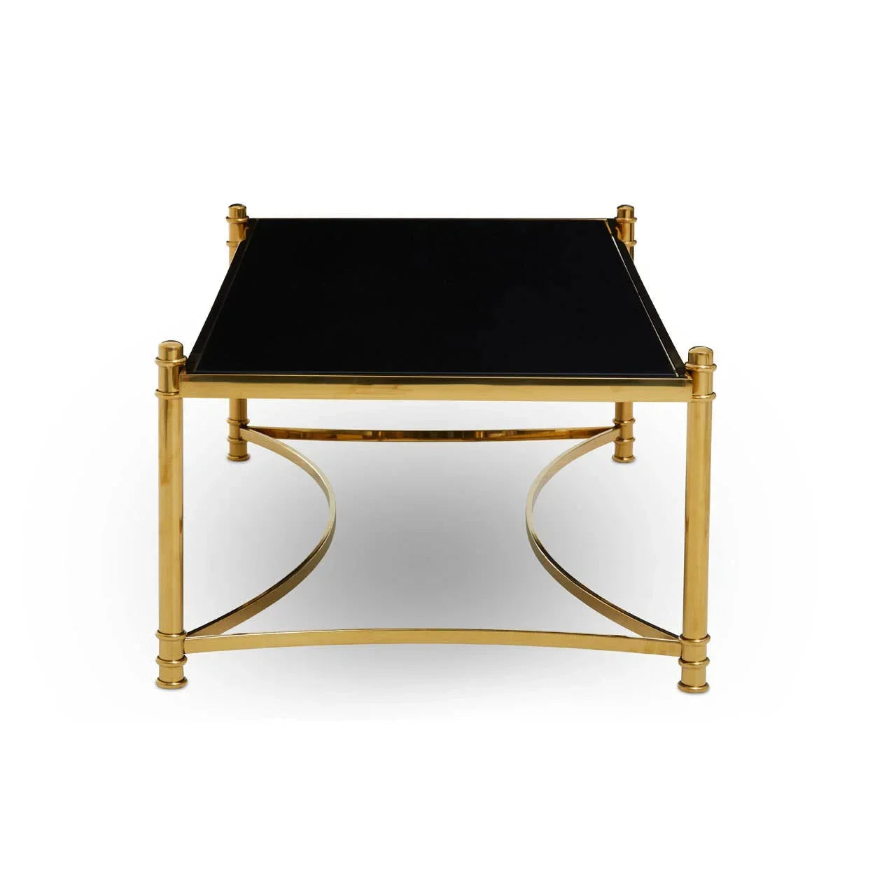 Square coffee table with black glass top and gold metal frame, front view