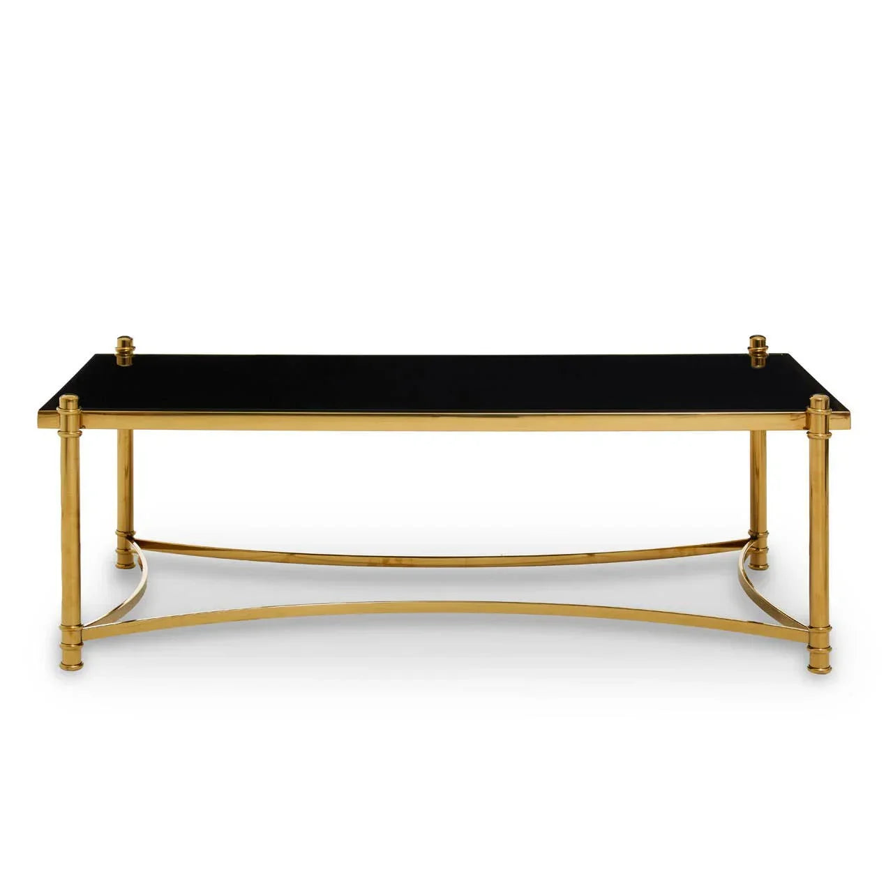 Black glass coffee table with gold metal frame and curved base, front view