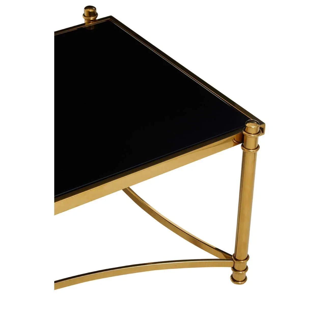 Black glass coffee table corner with gold metal frame and curved leg supports