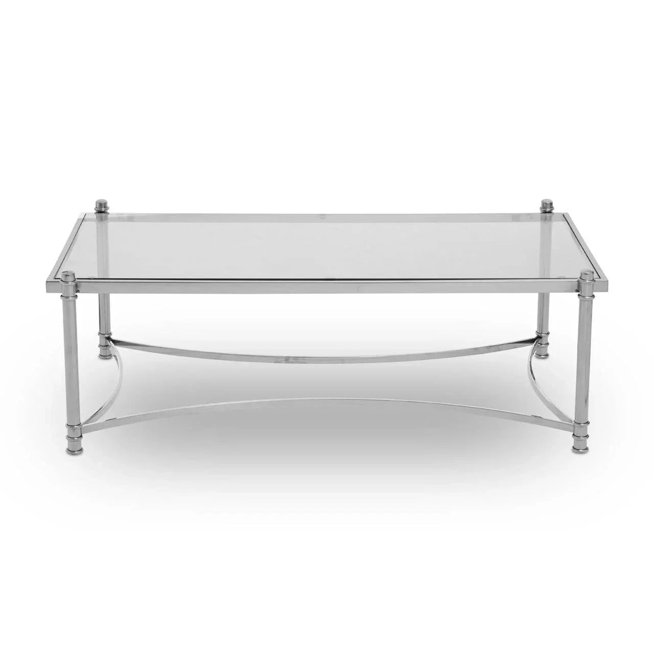 Rectangular glass coffee table with chrome metal frame and curved cross supports