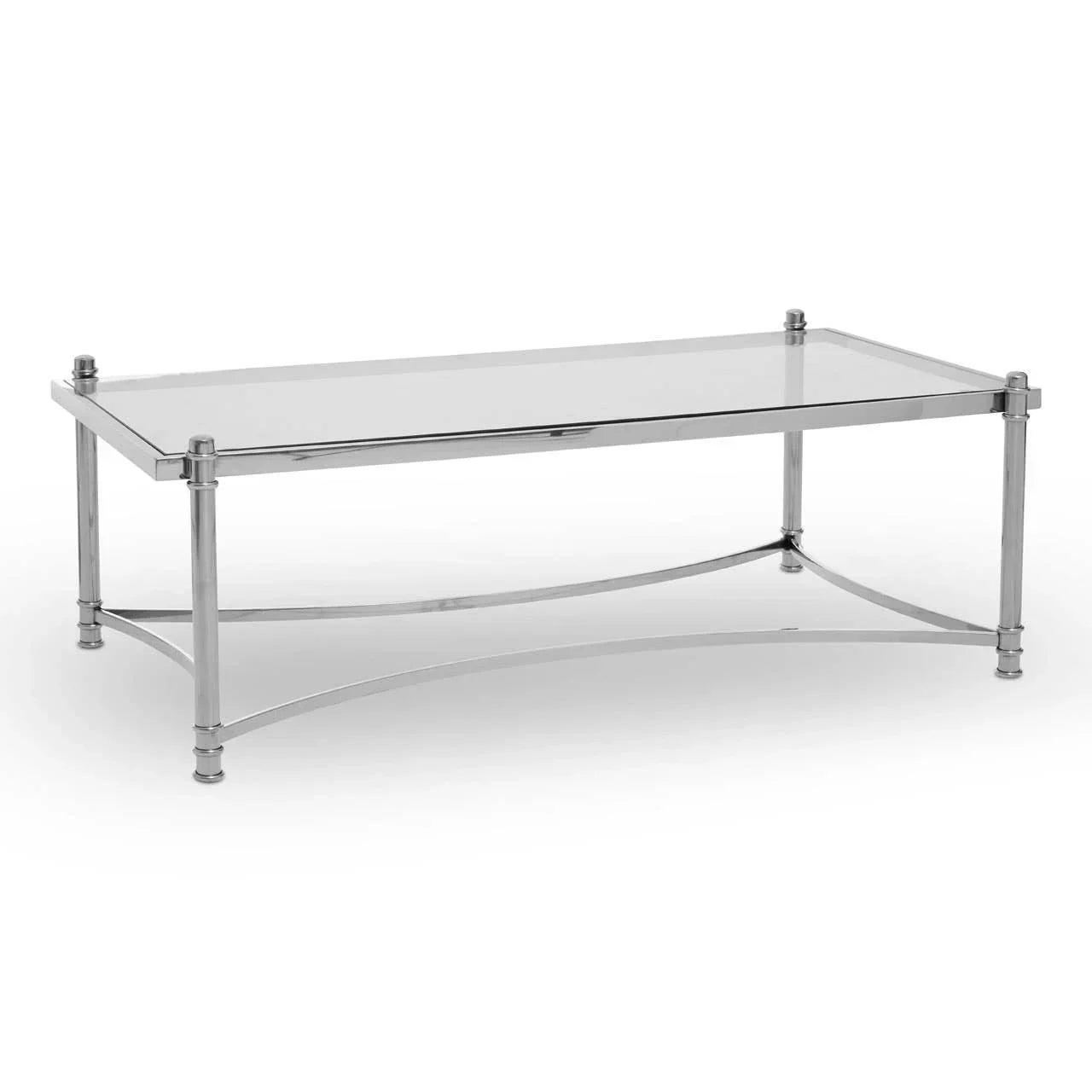 Rectangular glass coffee table with chrome metal frame and curved support design