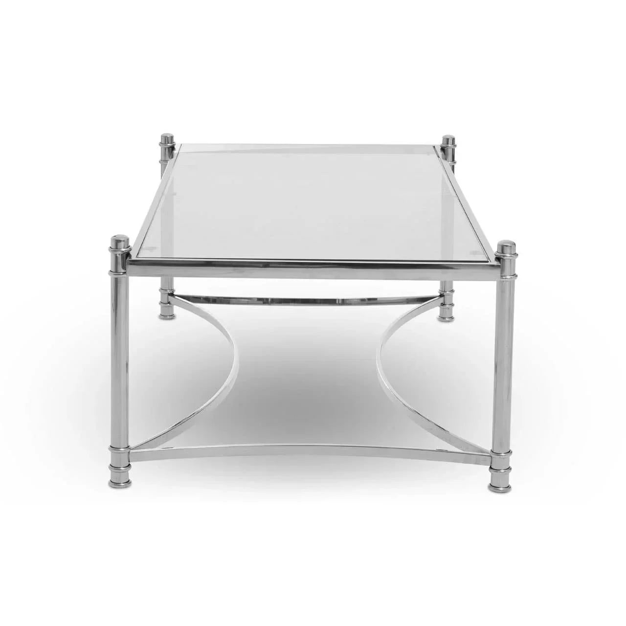 Rectangular glass coffee table with chrome metal frame, front view