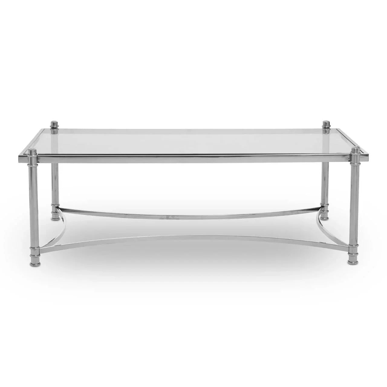 Rectangular glass coffee table with chrome metal frame and minimalist design, front view