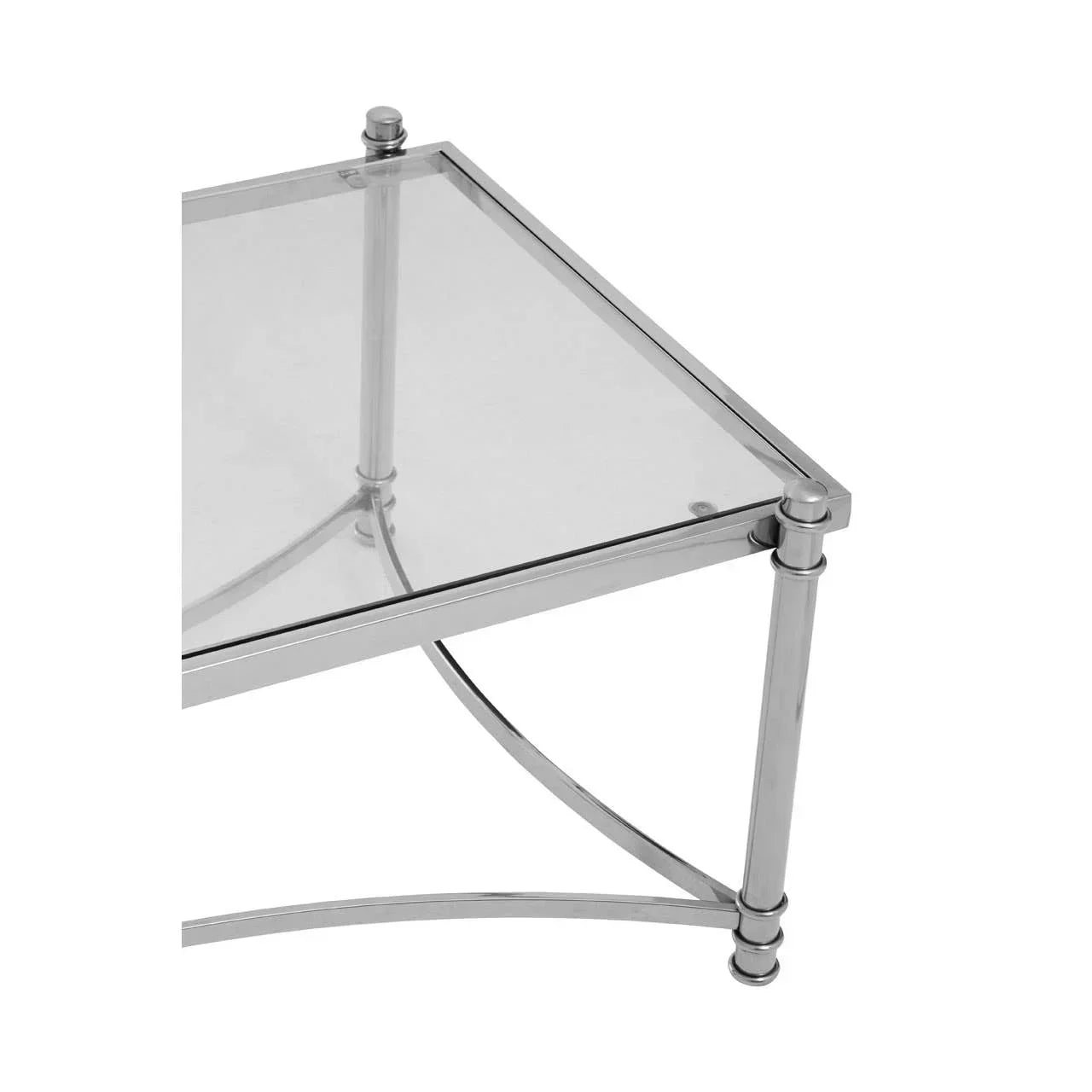 Glass coffee table with chrome metal frame and corner leg detail