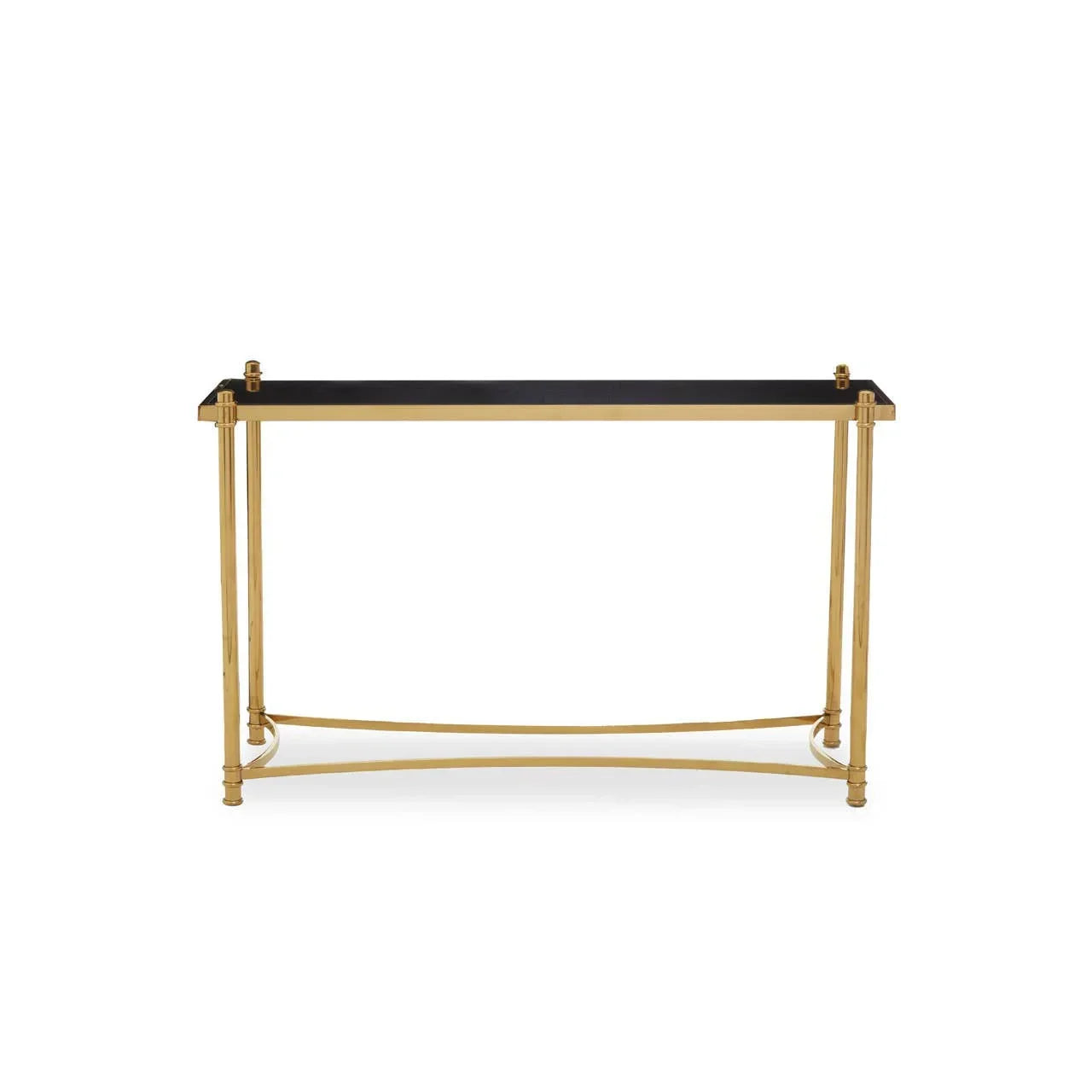 Gold frame console table with black glass top, modern hallway furniture