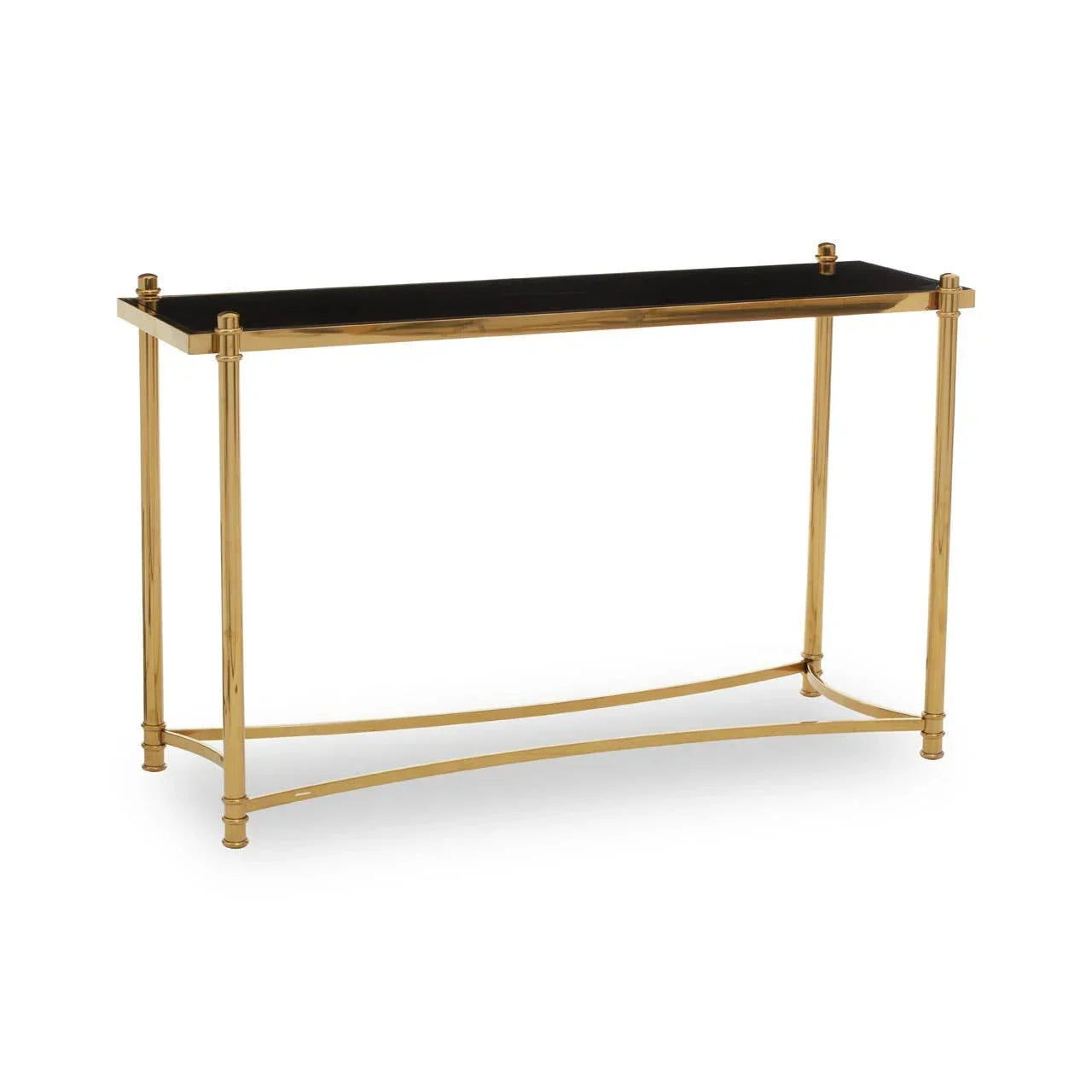 Gold console table with black glass top and slim metal frame against white background