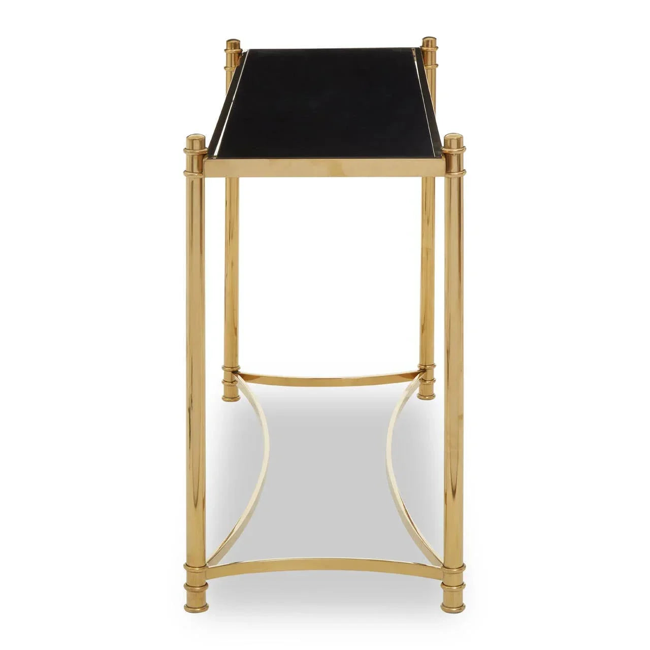Gold metal console table with black glass top, shown from the front view