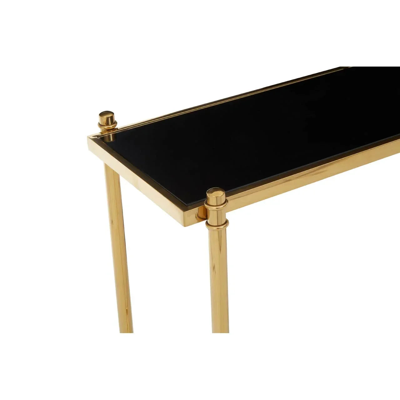 Black glass console table with gold metal frame, partial side view