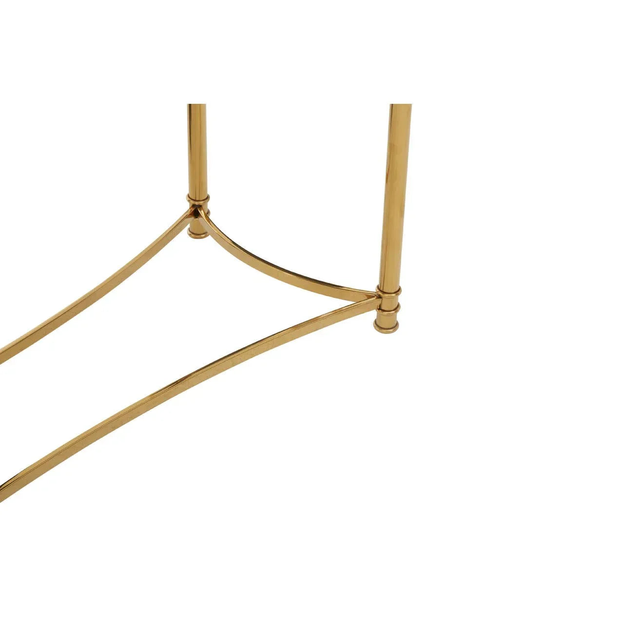 Gold metal side table legs with curved crossbar detail on white background