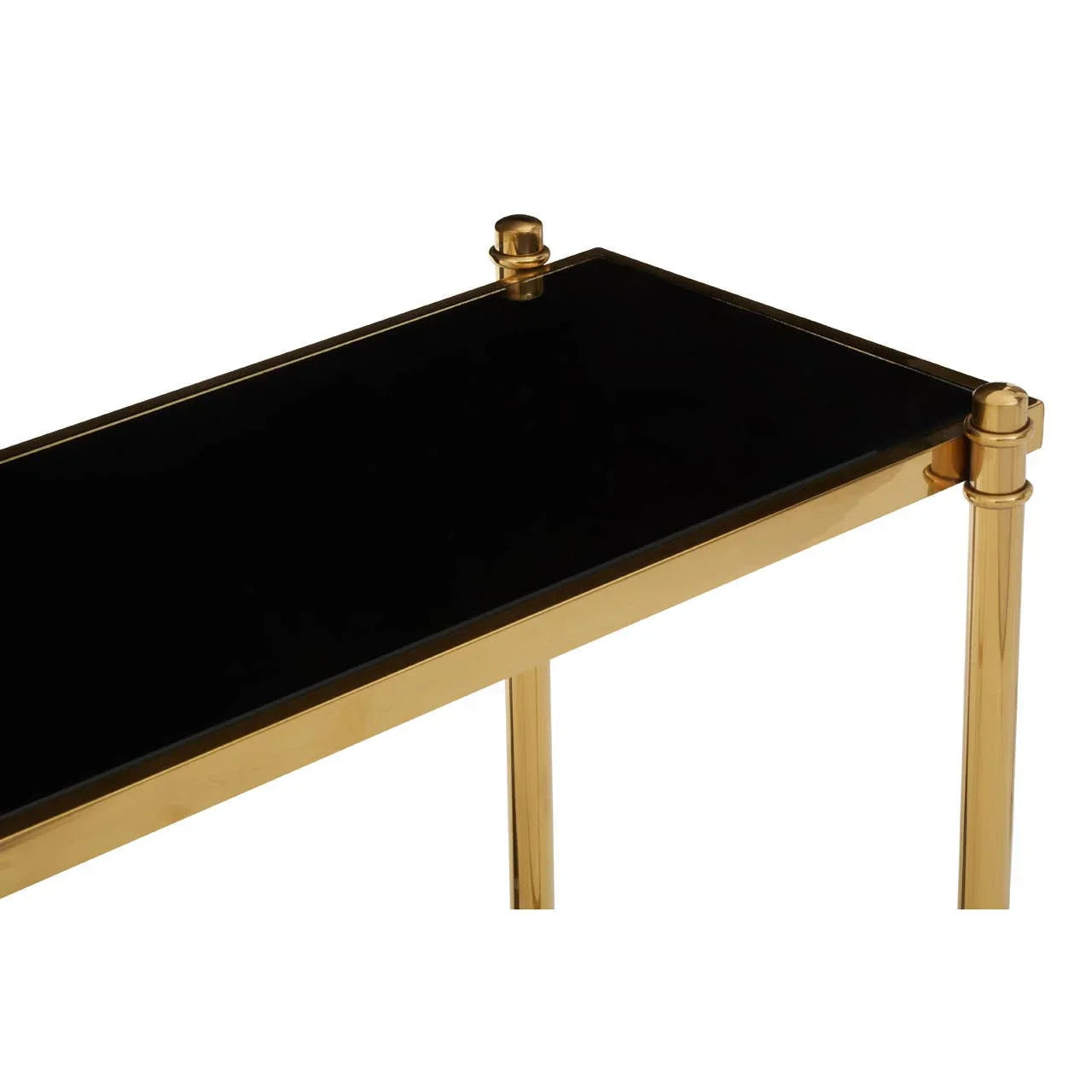 Gold console table with black glass top and slim legs, close-up corner view