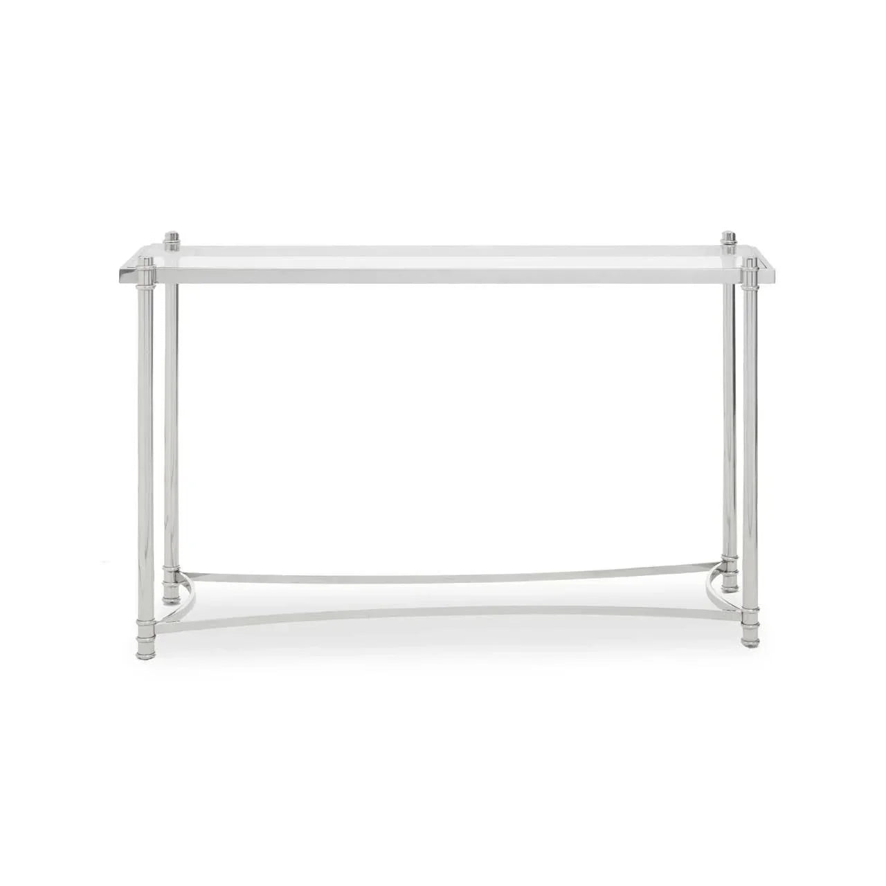 Glass console table with chrome metal frame and minimalist design, front view