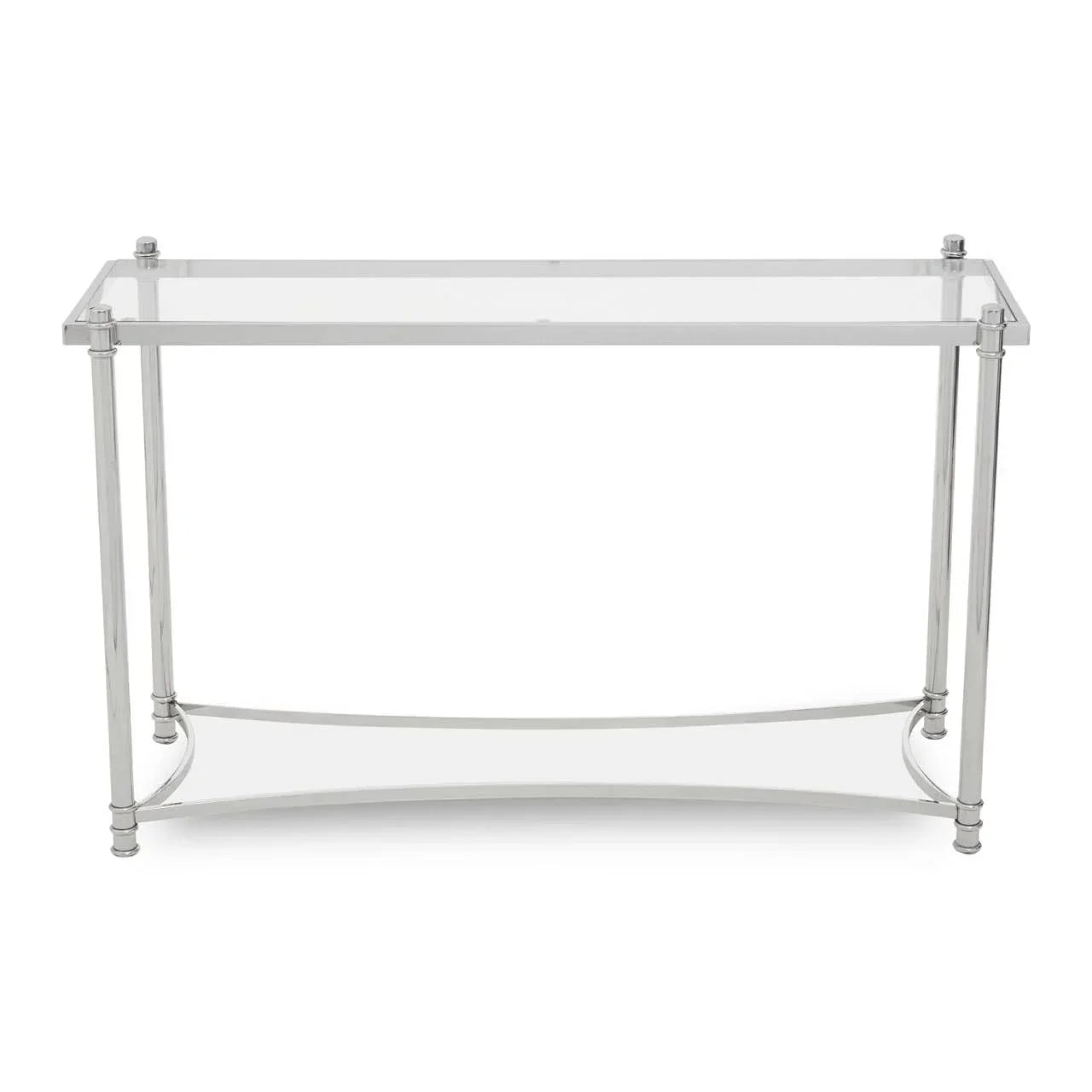 Glass console table with chrome metal frame and minimalist design, front view