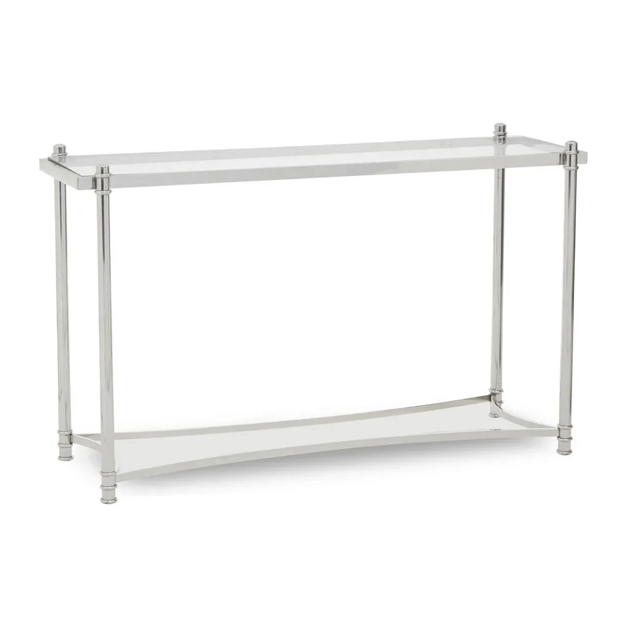 Glass console table with chrome frame and lower shelf, shown on white background