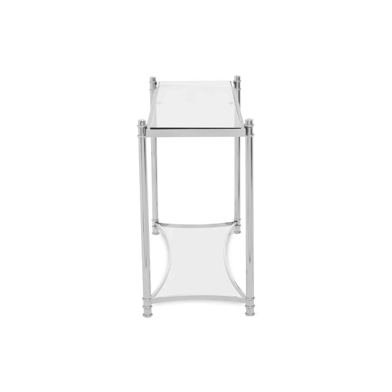 Chrome glass console table with two shelves, front view