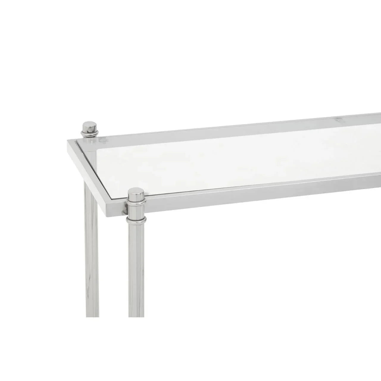 Glass console table with chrome frame and slender legs, modern minimalist design