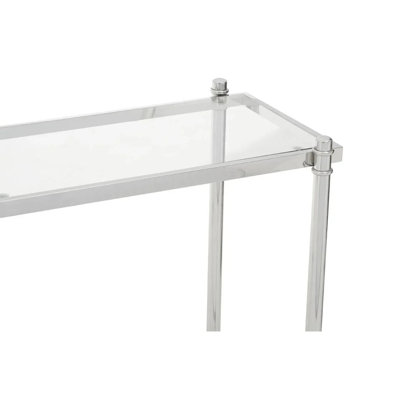 Glass console table with chrome metal frame and modern minimalist design