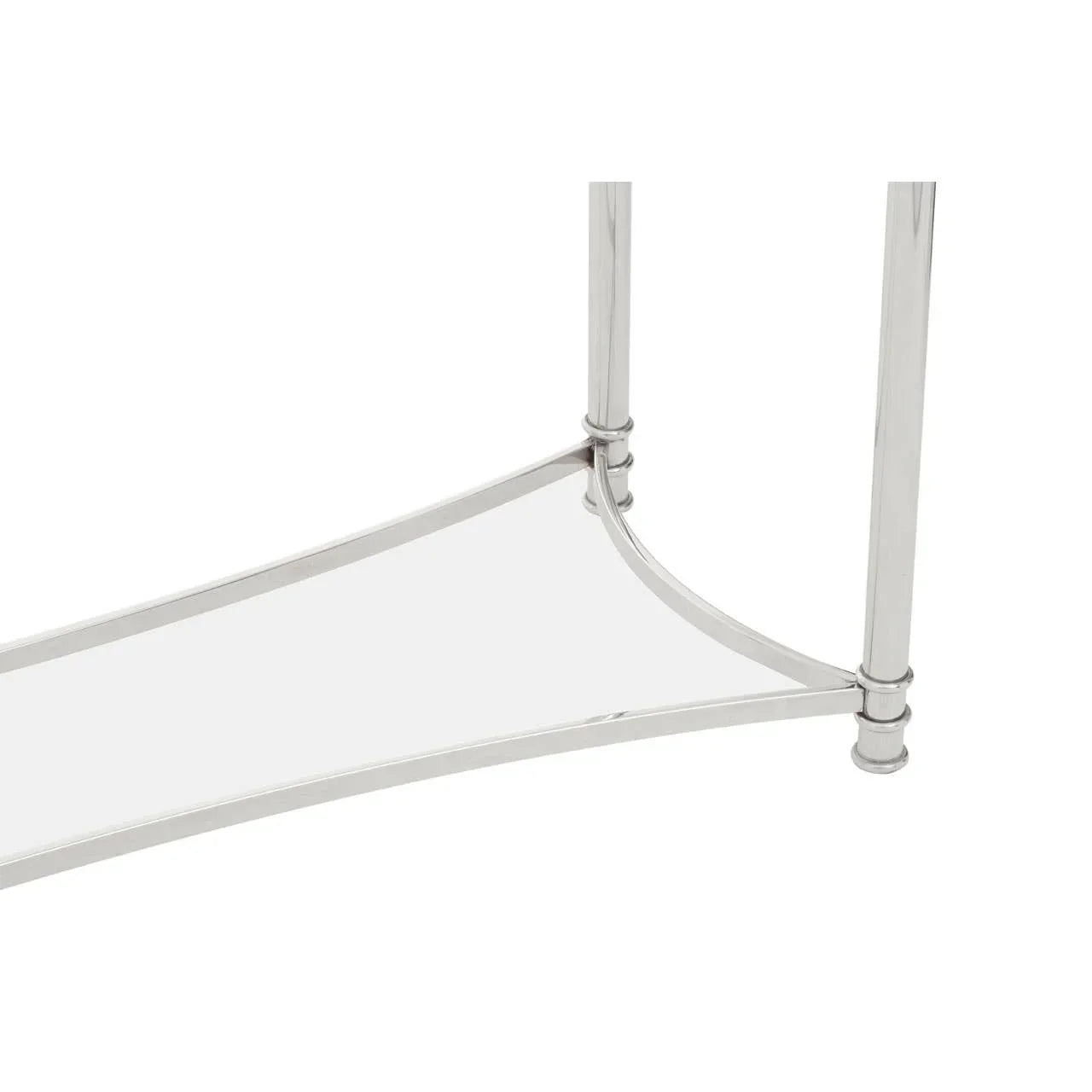 Chrome metal console table leg detail with lower glass shelf